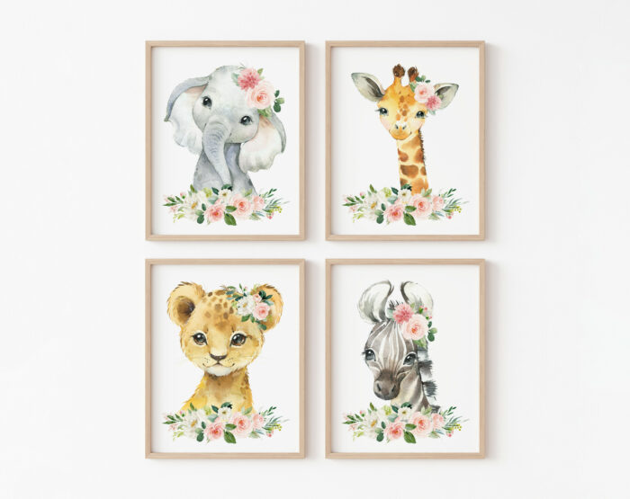 Pink Flowers Jungle Animals Nursery Prints - Set of 4 - Nursery Art