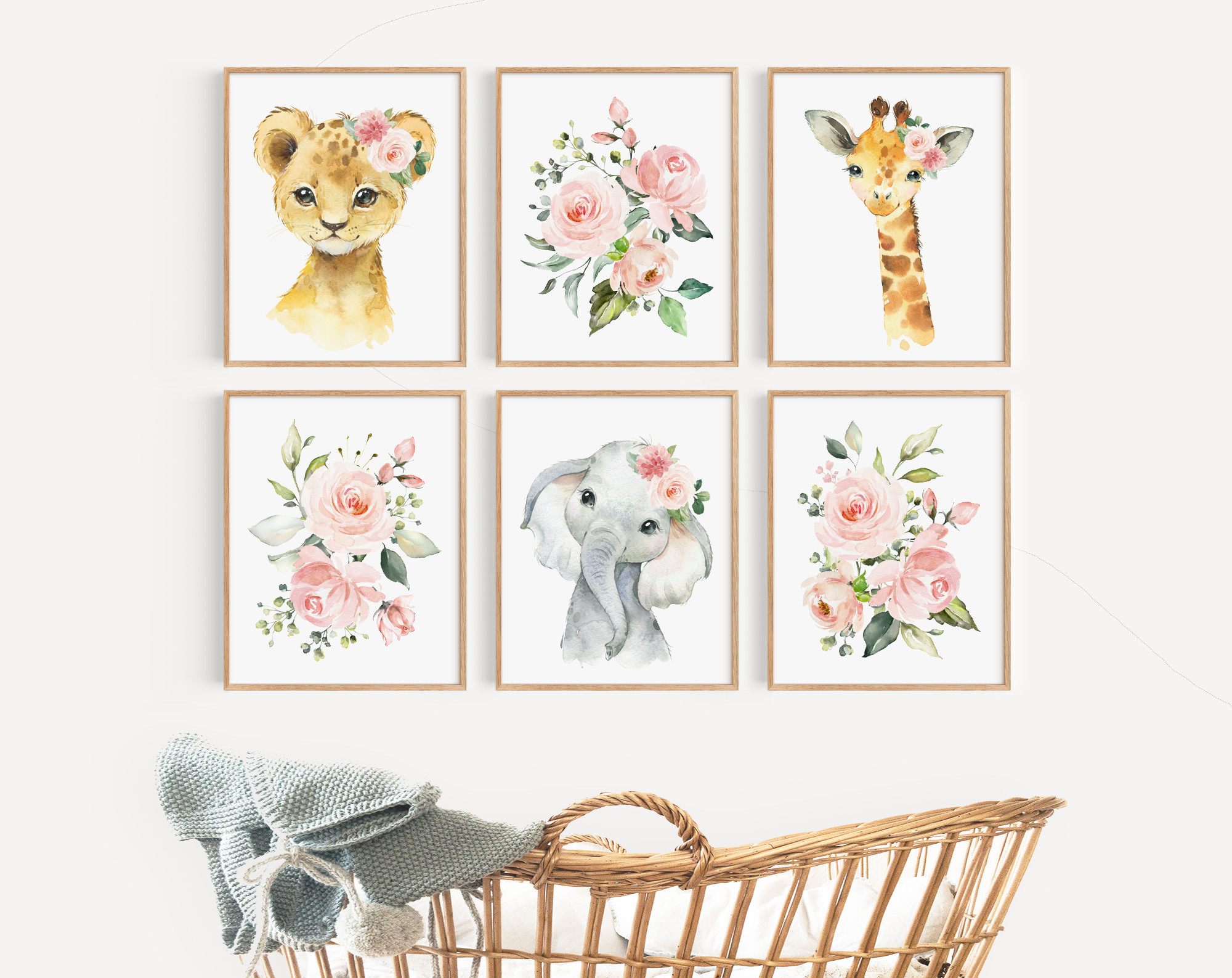 Pink Flowers Jungle Animals Nursery Prints - Set Of 6 - Nursery Wall Art