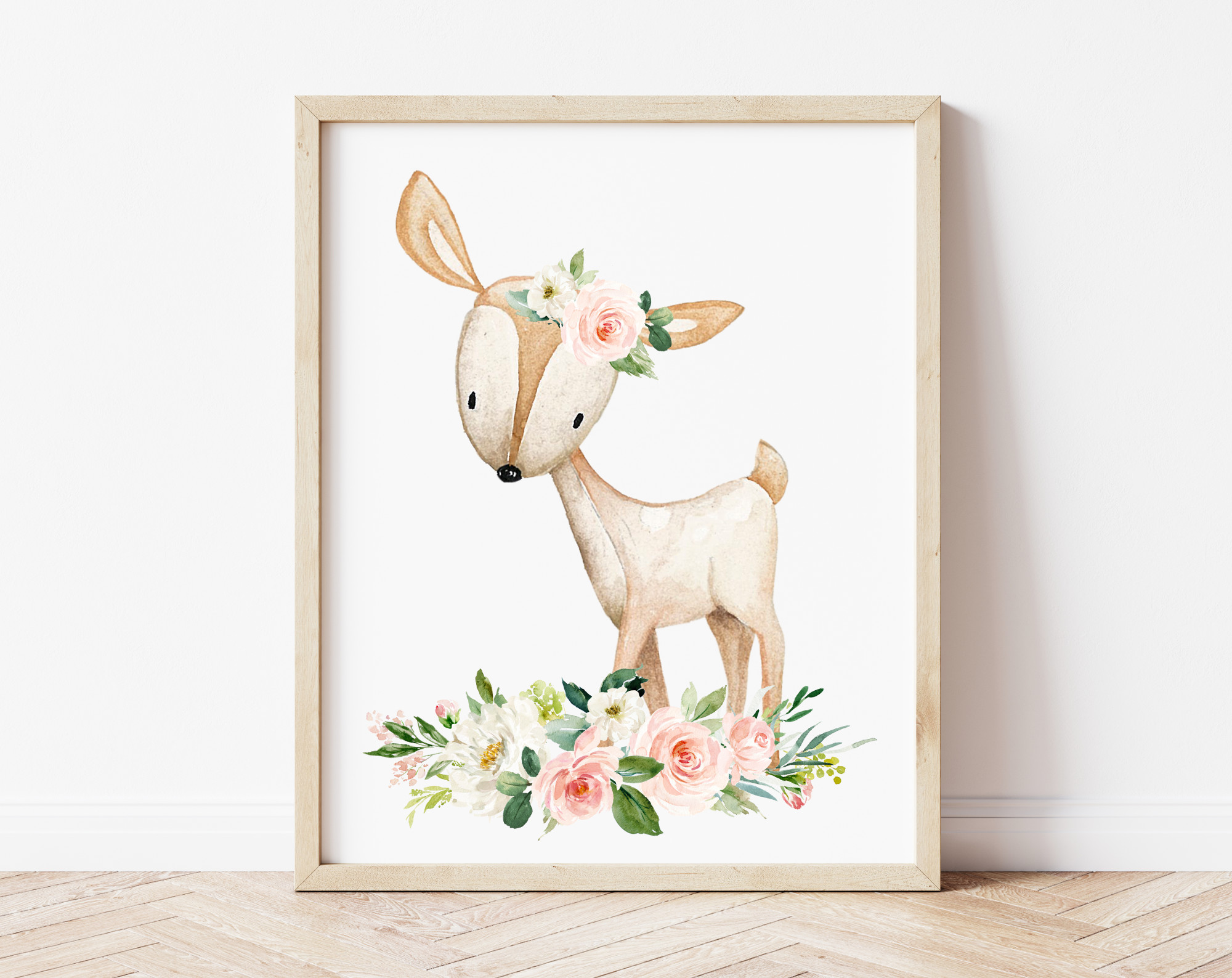 Pink Flowers Boho Woodland Animals Nursery Wall Art, Nursery Prints, Girl Nursery Decor, Printable File, SH12