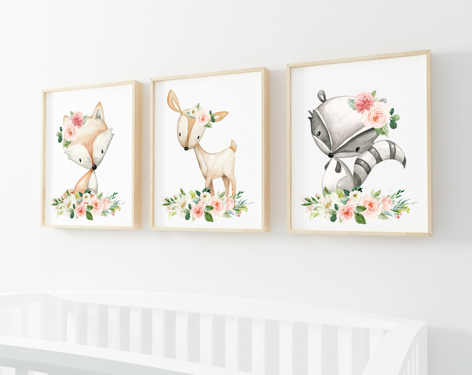 Pink Flowers Boho Woodland Animals Nursery Wall Art - Set of 3