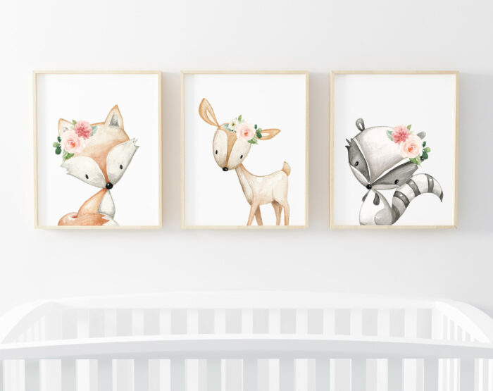 Pink Flowers Boho Woodland Animals Nursery Prints - Set of 3