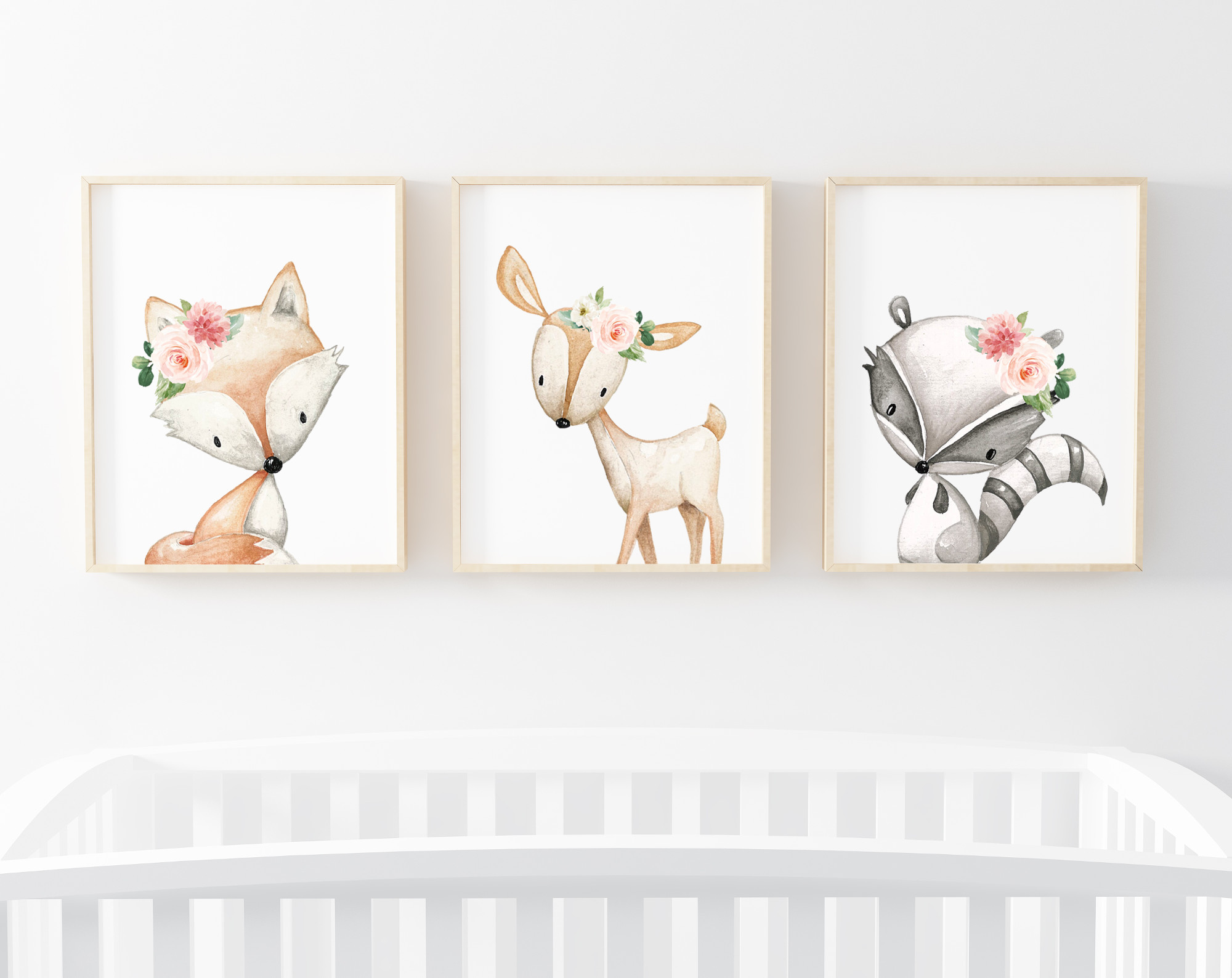 Pink Flowers Boho Woodland Animals Nursery Prints, Nursery Wall Art, Girl Nursery Decor, Printable File, SH12