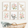 Pink Flowers Boho Woodland Animals Nursery Prints, Nursery Wall Art, Girl Nursery Decor, Printable File, SH12