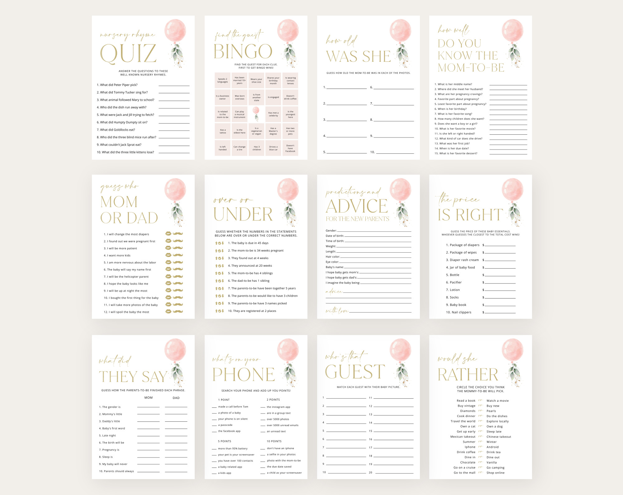 Pink Balloon Baby Shower Games Bundle, Set of 35 Games, Girl Baby Shower, Printable File, Edit Yourself, SH14