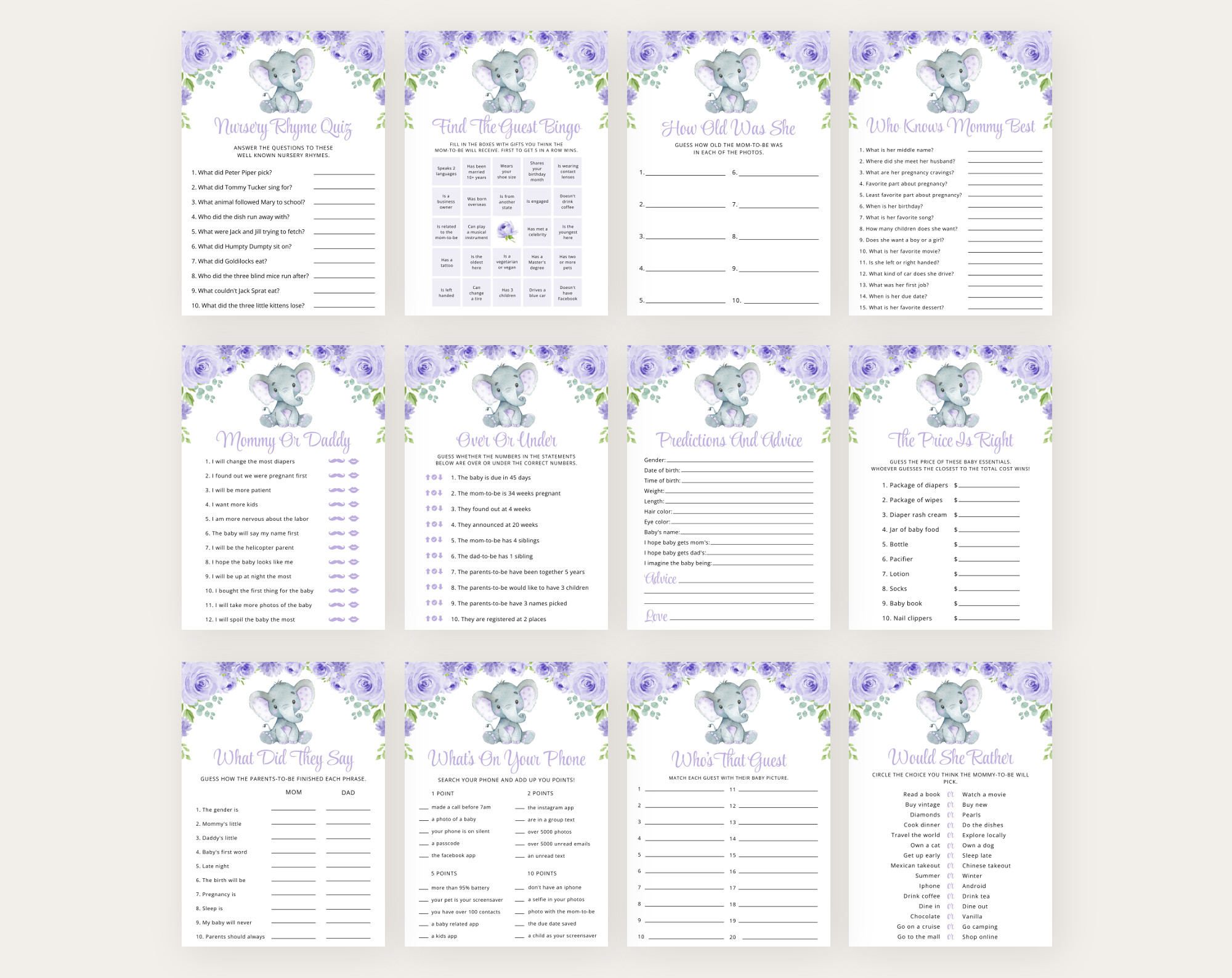 Cute Elephant Baby Shower Games Bundle, Set of 35 Games, Girl Baby Shower, Printable File, Edit Yourself, SH18 Cute Elephant Baby Shower Games Bundle, Set of 35 Games, Girl Baby Shower, Printable File, Edit Yourself, SH18