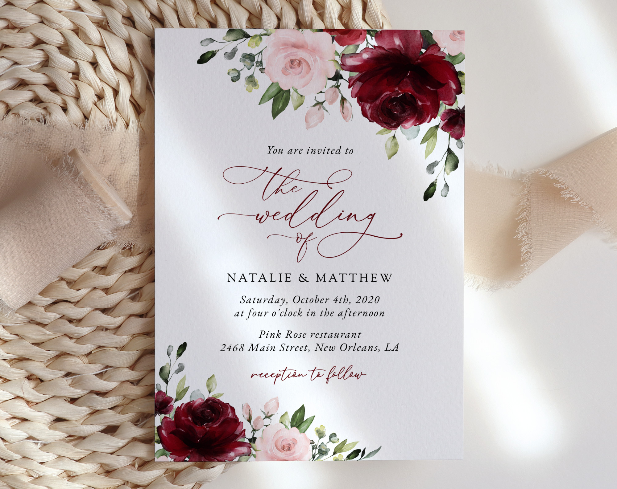 Burgundy and Blush Flowers Wedding Invitation - Wedding Stationery