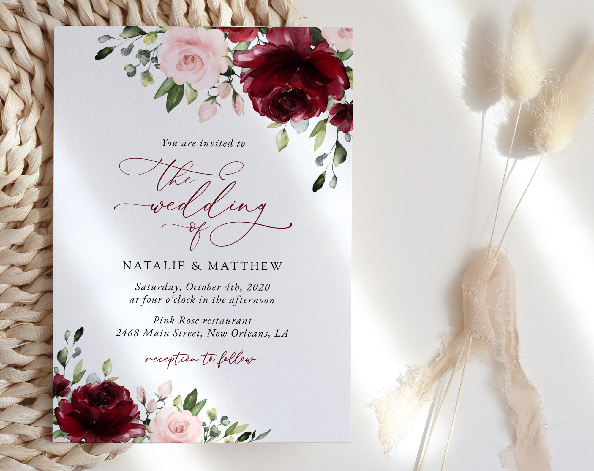 Burgundy and Blush Flowers Wedding Invitation Suite, Wedding Stationery, Printable File, Edit Yourself, SH01