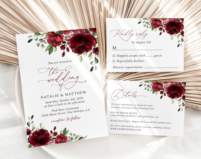 Burgundy Flowers Wedding Invitation Suite - Wedding Stationery