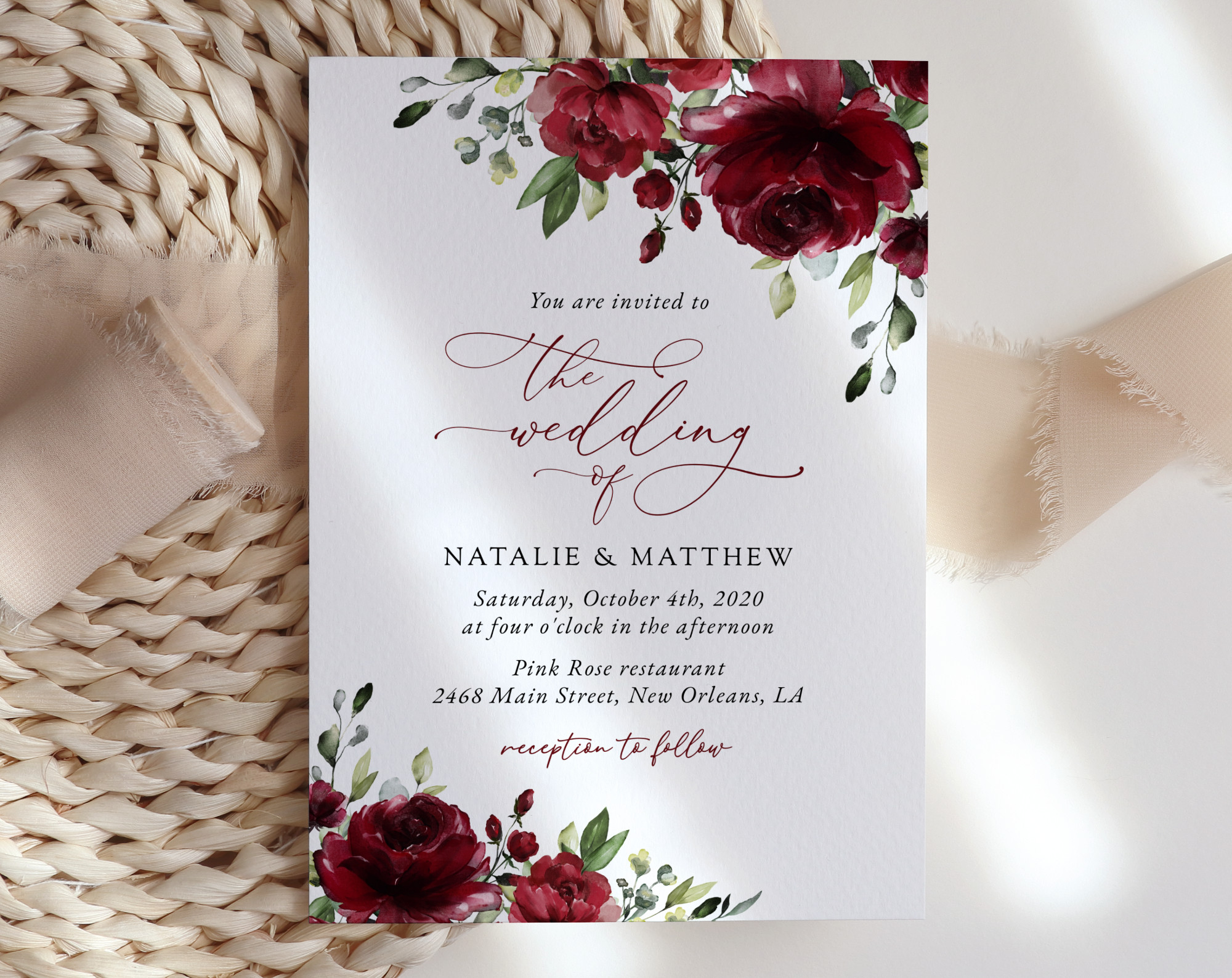 Burgundy Flowers Wedding Invitation - Wedding Stationery