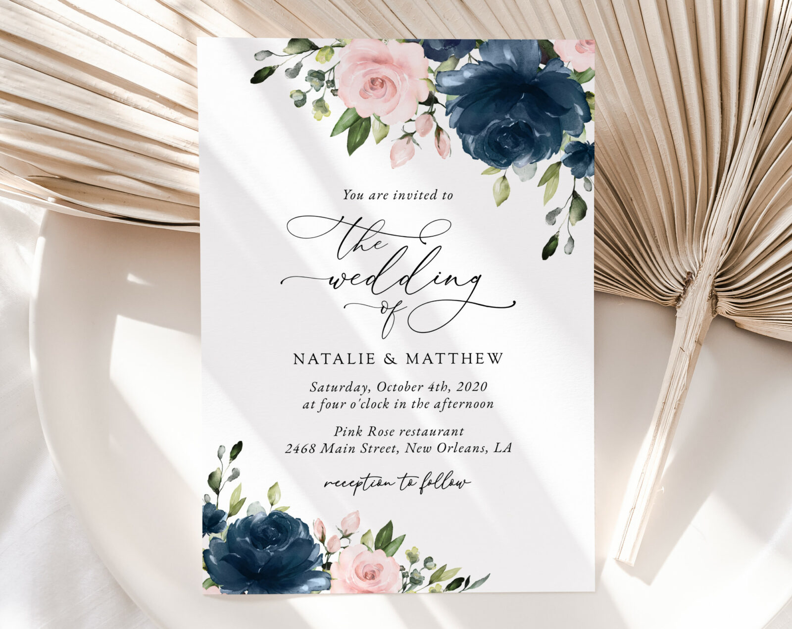 Navy and Blush Flowers Wedding Invitation - Wedding Stationery