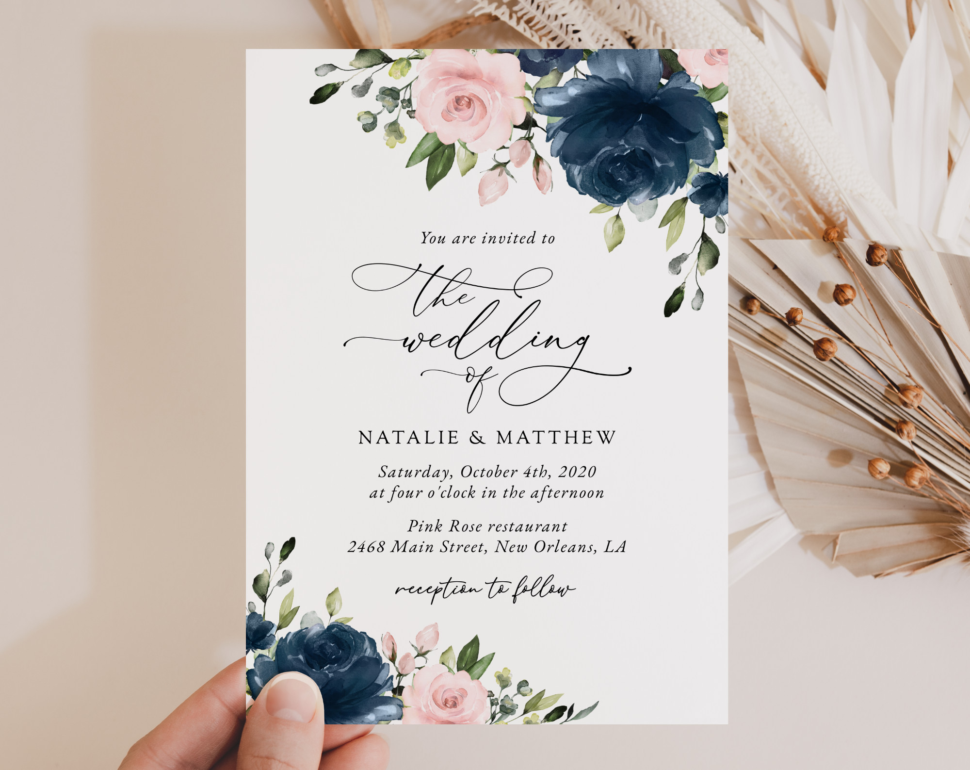 Navy and Blush Flowers Wedding Invitation - Wedding Stationery