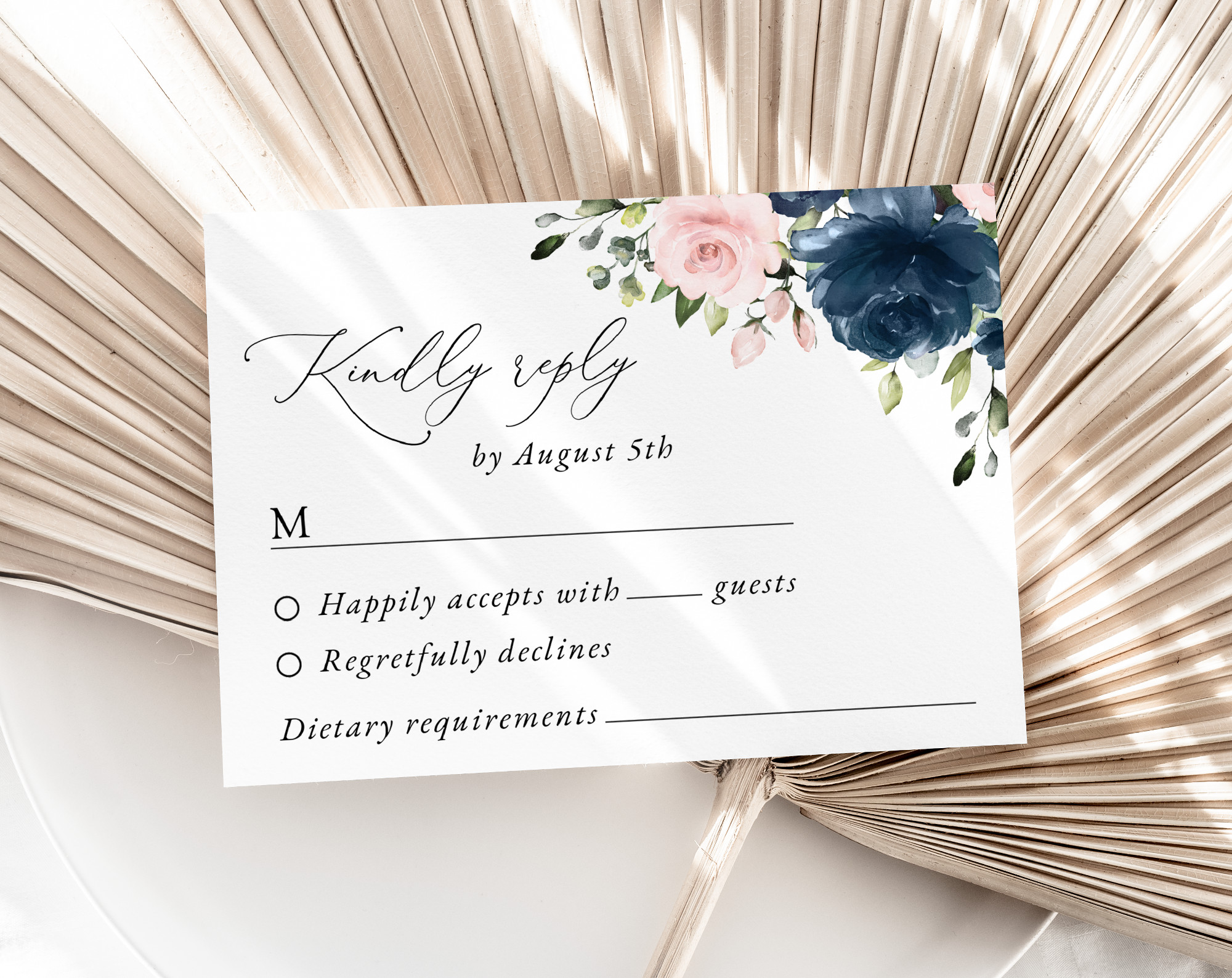 Navy and Blush Flowers Wedding Invitation Suite, Wedding Stationery, Printable File, Edit Yourself, SH04