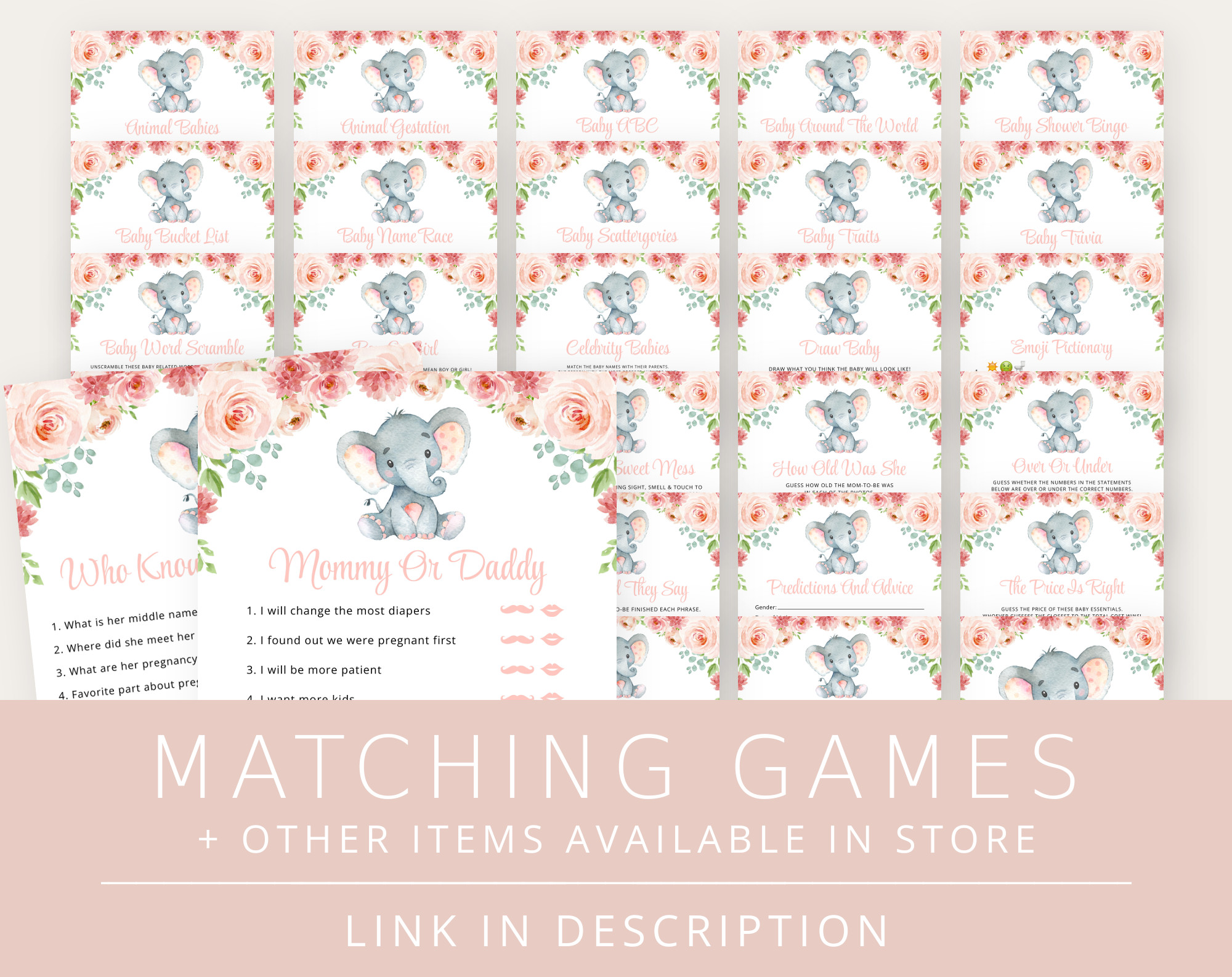 Little Elephant Baby Shower Games Bundle, Set of 35 Games, Girl Baby Shower, Printable File, Edit Yourself, SH07