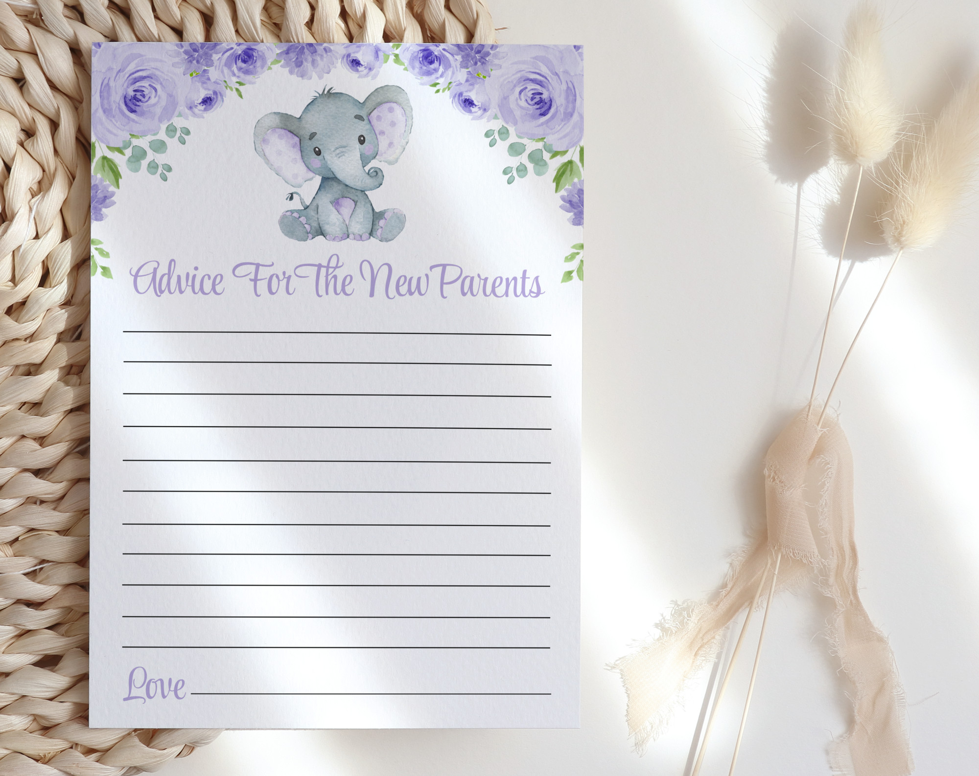 Cute Elephant Baby Shower Games, Set of 3 Games, Advice Predictions Wishes, Girl Baby Shower, Printable File, Edit Yourself, SH18