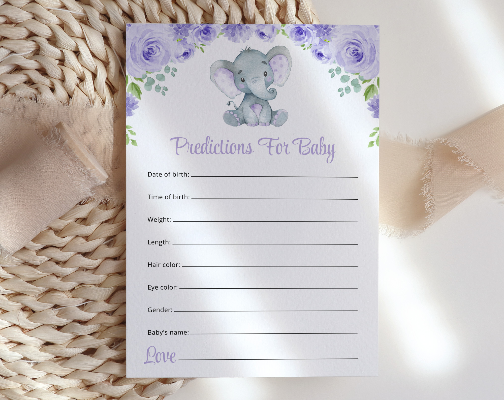 Cute Elephant Baby Shower Games, Set of 3 Games, Advice Predictions Wishes, Girl Baby Shower, Printable File, Edit Yourself, SH18