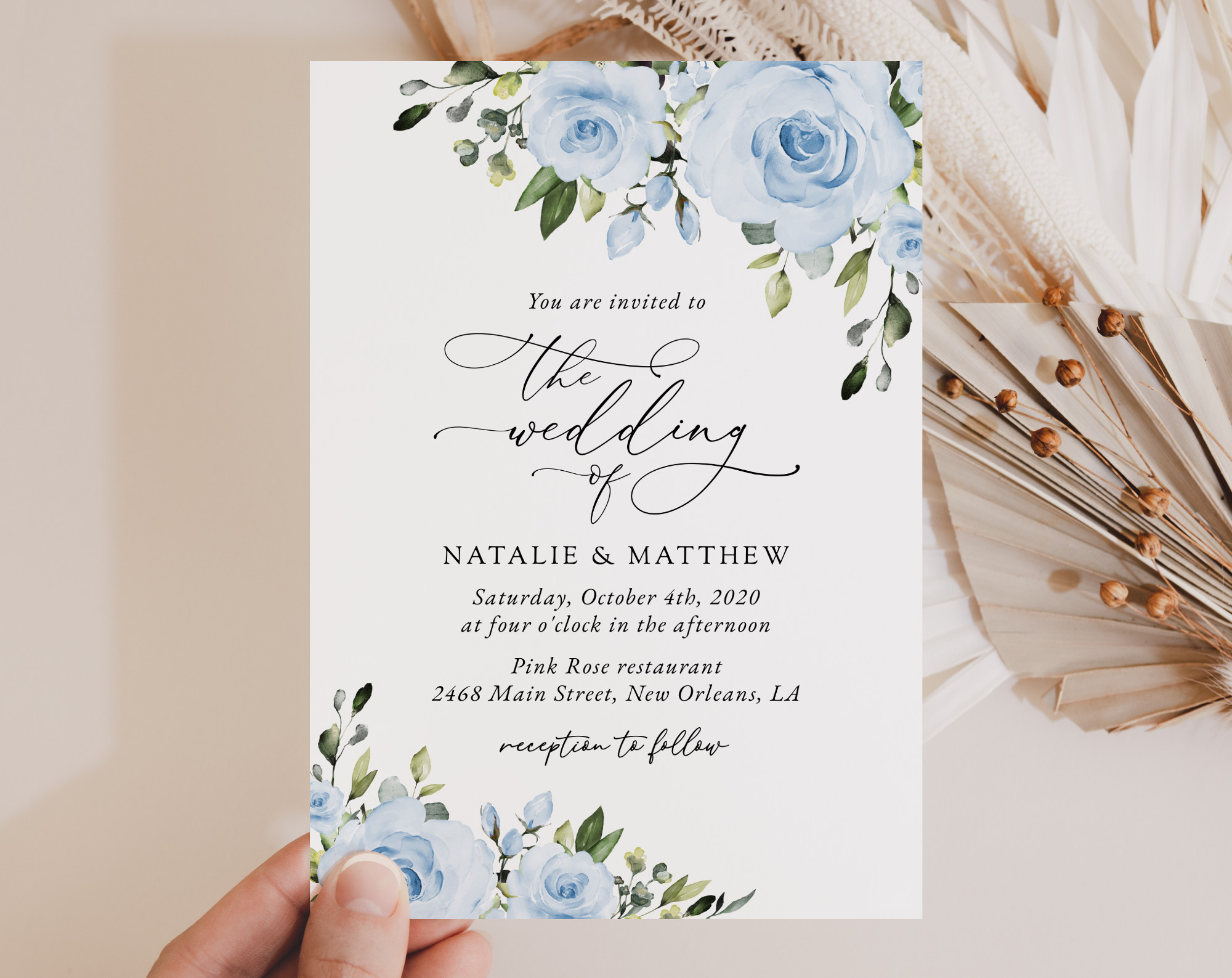 Dusty Blue Flowers Wedding Invitation Suite, Wedding Stationery, Printable File, Edit Yourself, SH24