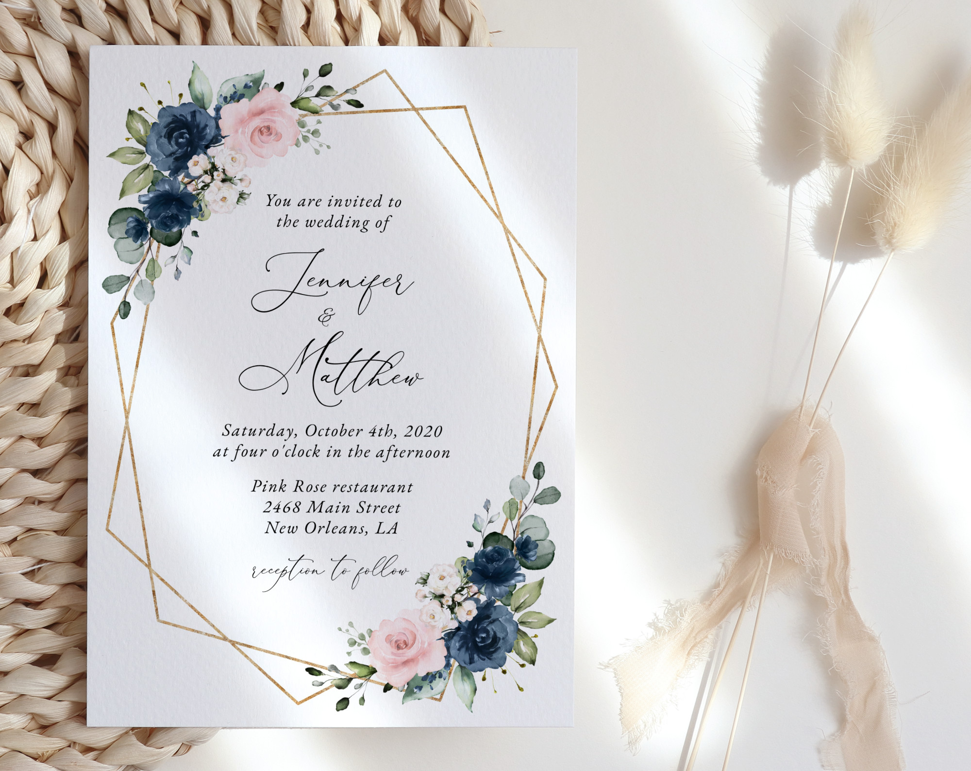 Navy and Pink Flowers Wedding Invitation Suite, Wedding Stationery, Printable File, Edit Yourself, SH35
