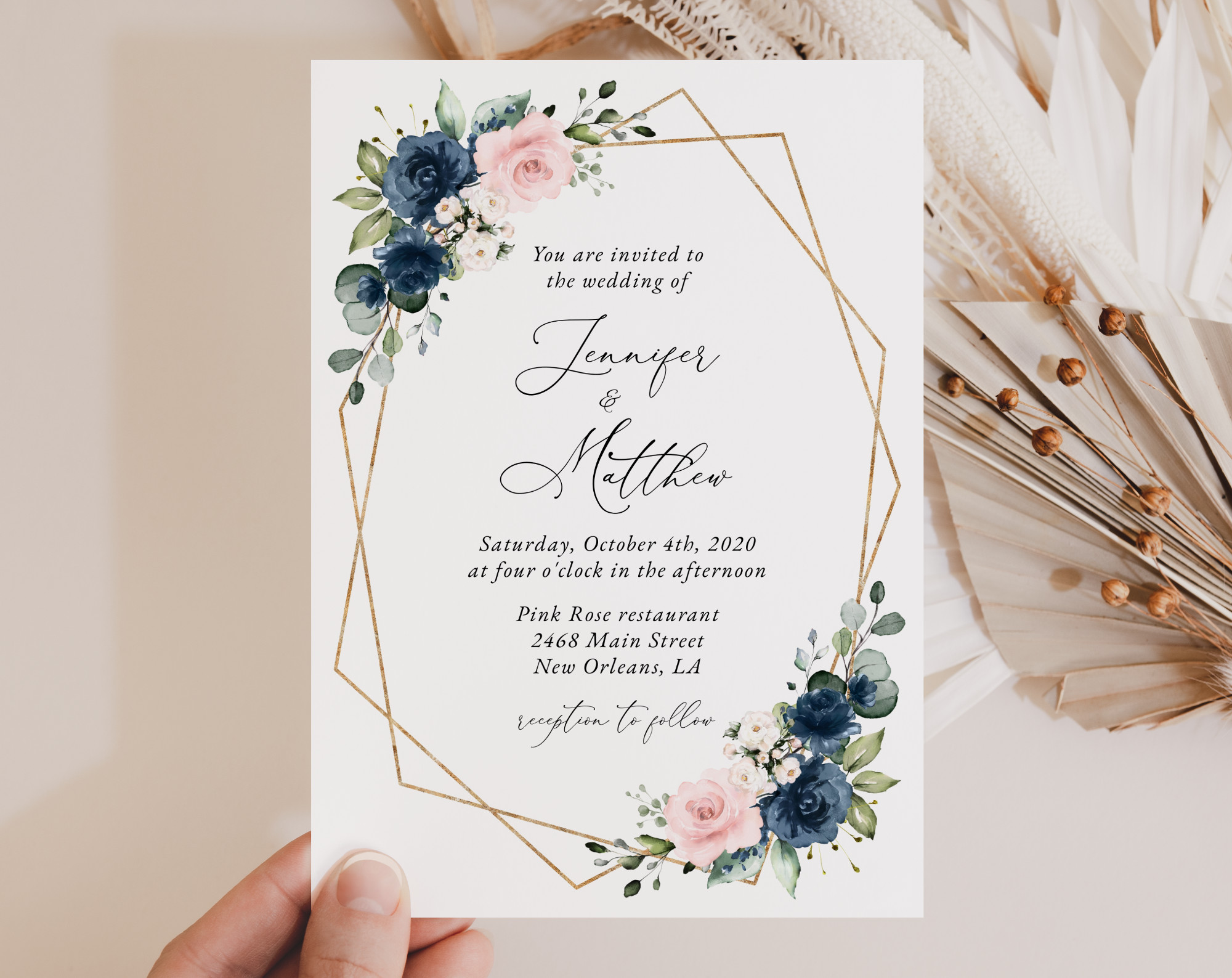 Navy and Pink Flowers Wedding Invitation Suite, Wedding Stationery, Printable File, Edit Yourself, SH35