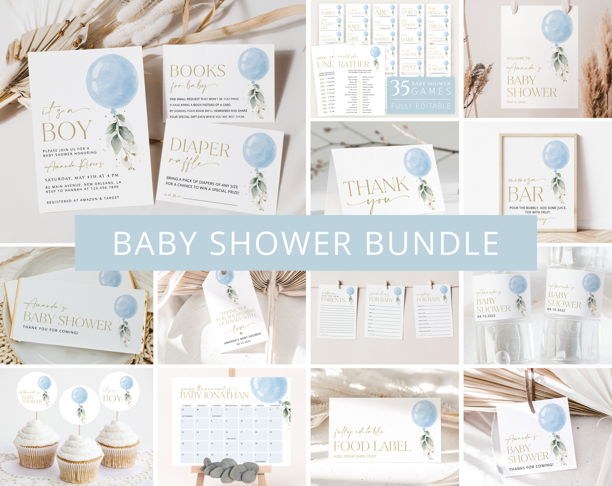 Blue Balloon Baby Shower Bundle, Boy Baby Shower, Printable File, Edit Yourself, SH15 Blue Balloon Baby Shower Bundle, Boy Baby Shower, Printable File, Edit Yourself, SH15