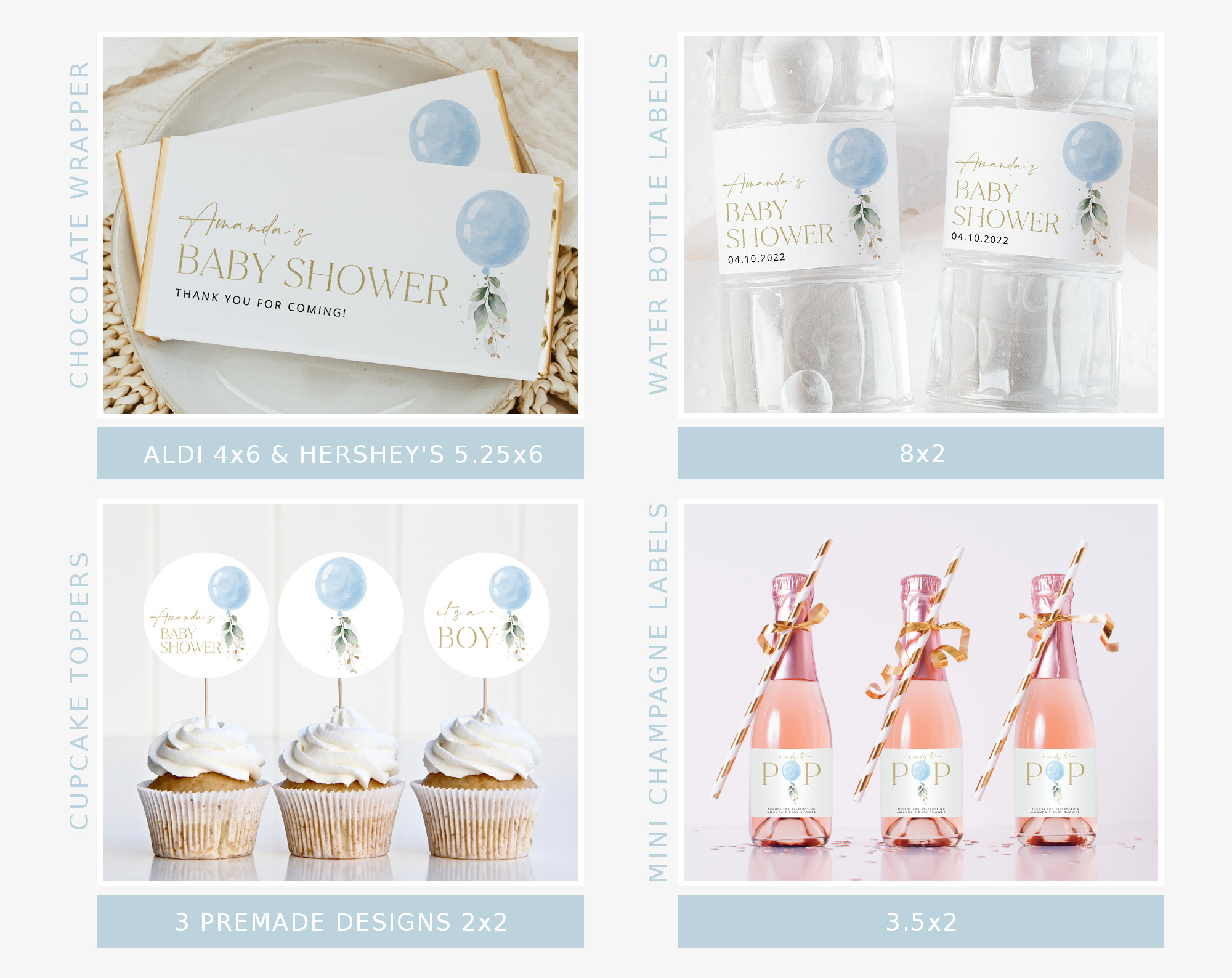 Blue Balloon Baby Shower Bundle, Boy Baby Shower, Printable File, Edit Yourself, SH15