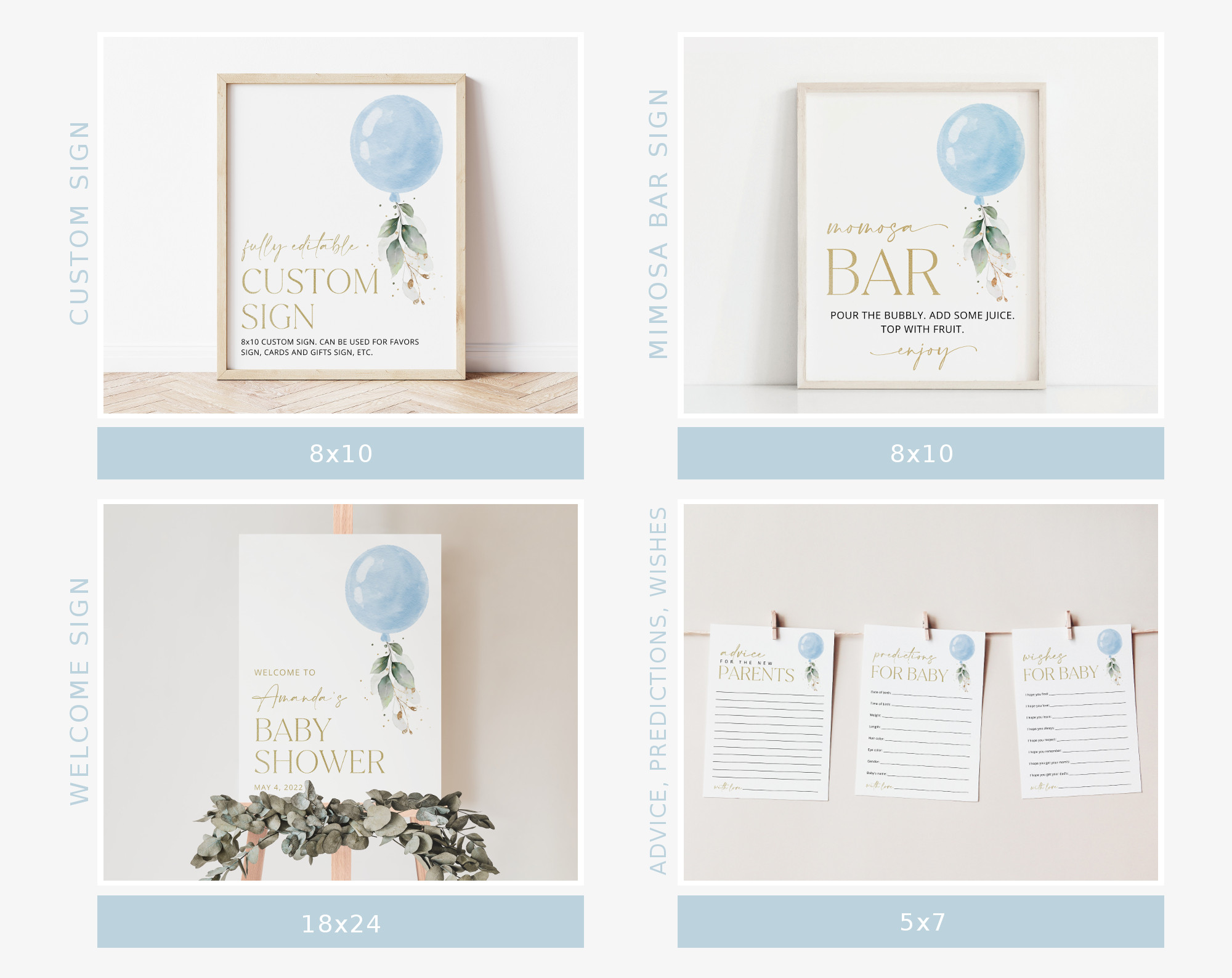 Blue Balloon Baby Shower Bundle, Boy Baby Shower, Printable File, Edit Yourself, SH15