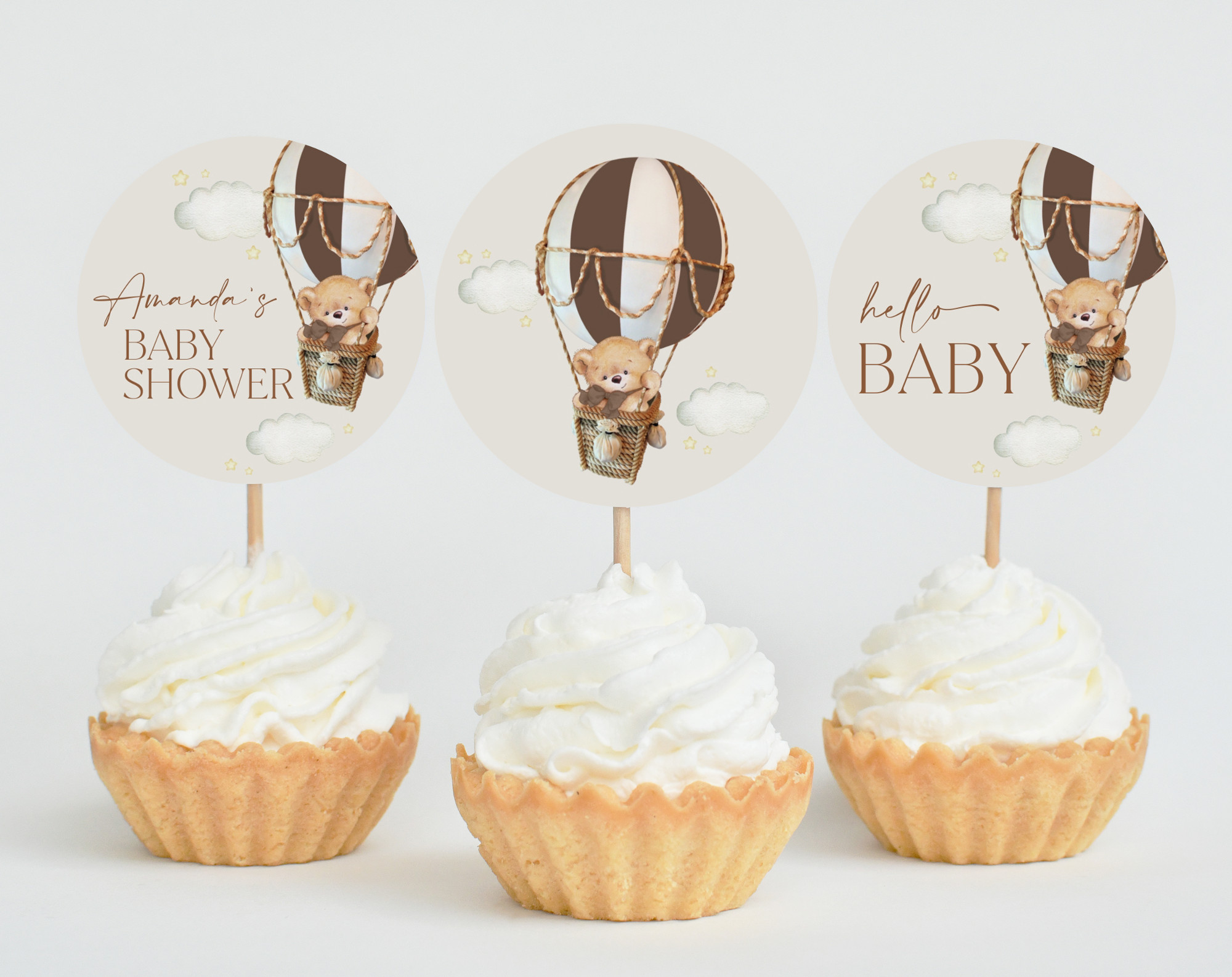 Bear in Brown Balloon Cupcake Toppers - Baby Shower Decoration