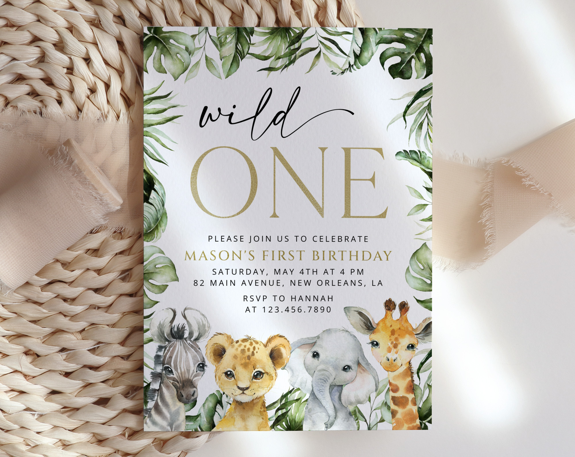 Jungle Animals First Birthday Invitation, Birthday Stationery, Boy Birthday, Printable File, Edit Yourself, SH22