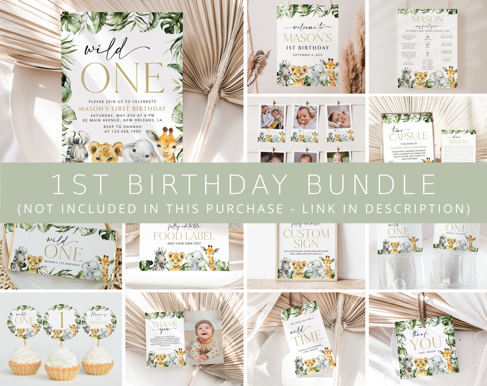 Jungle Animals First Birthday Bundle, Boy Birthday, Printable File, Edit Yourself, SH22 Jungle Animals First Birthday Bundle, Boy Birthday, Printable File, Edit Yourself, SH22