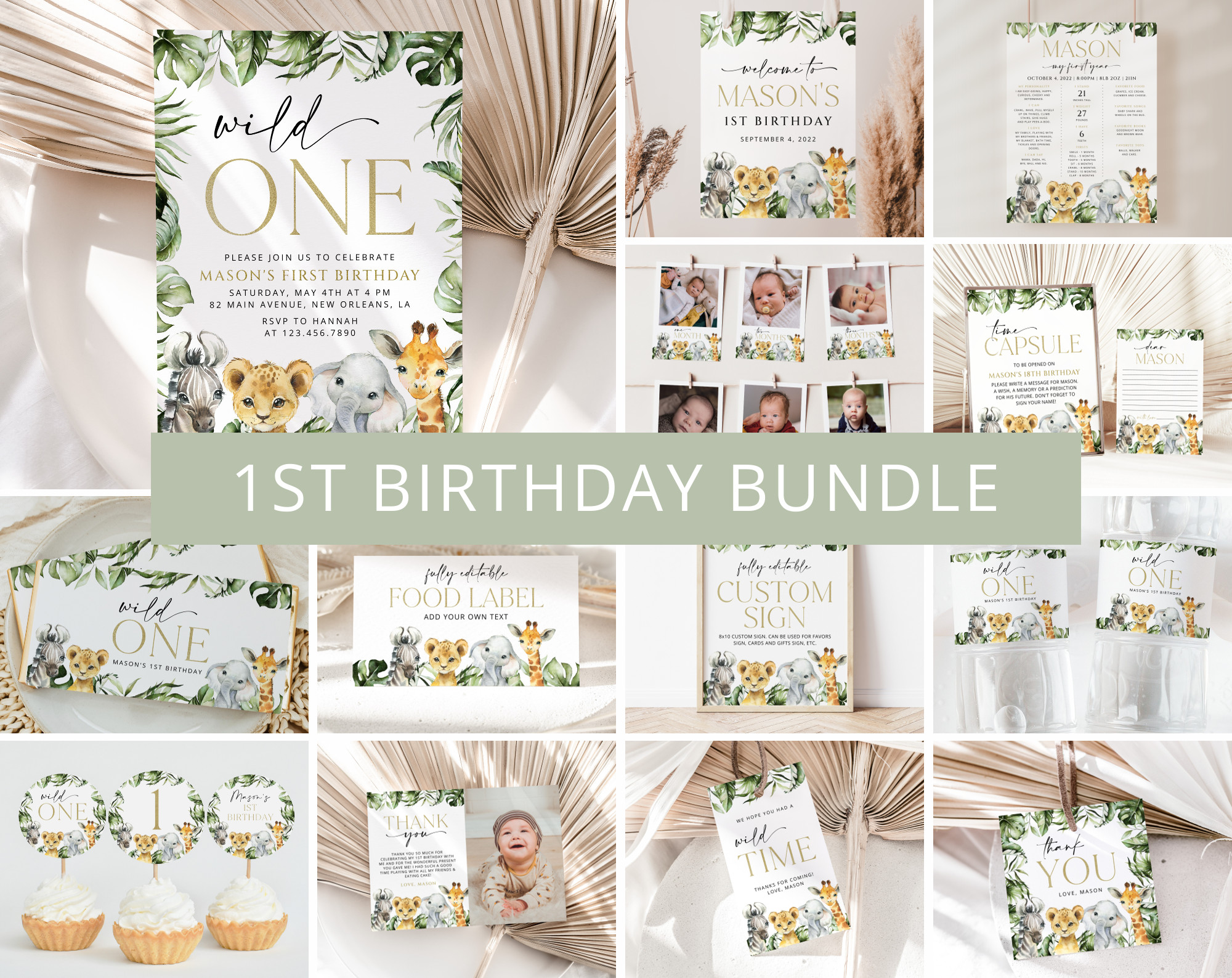 Jungle Animals First Birthday Bundle, Boy Birthday, Printable File, Edit Yourself, SH22 Jungle Animals First Birthday Bundle, Boy Birthday, Printable File, Edit Yourself, SH22