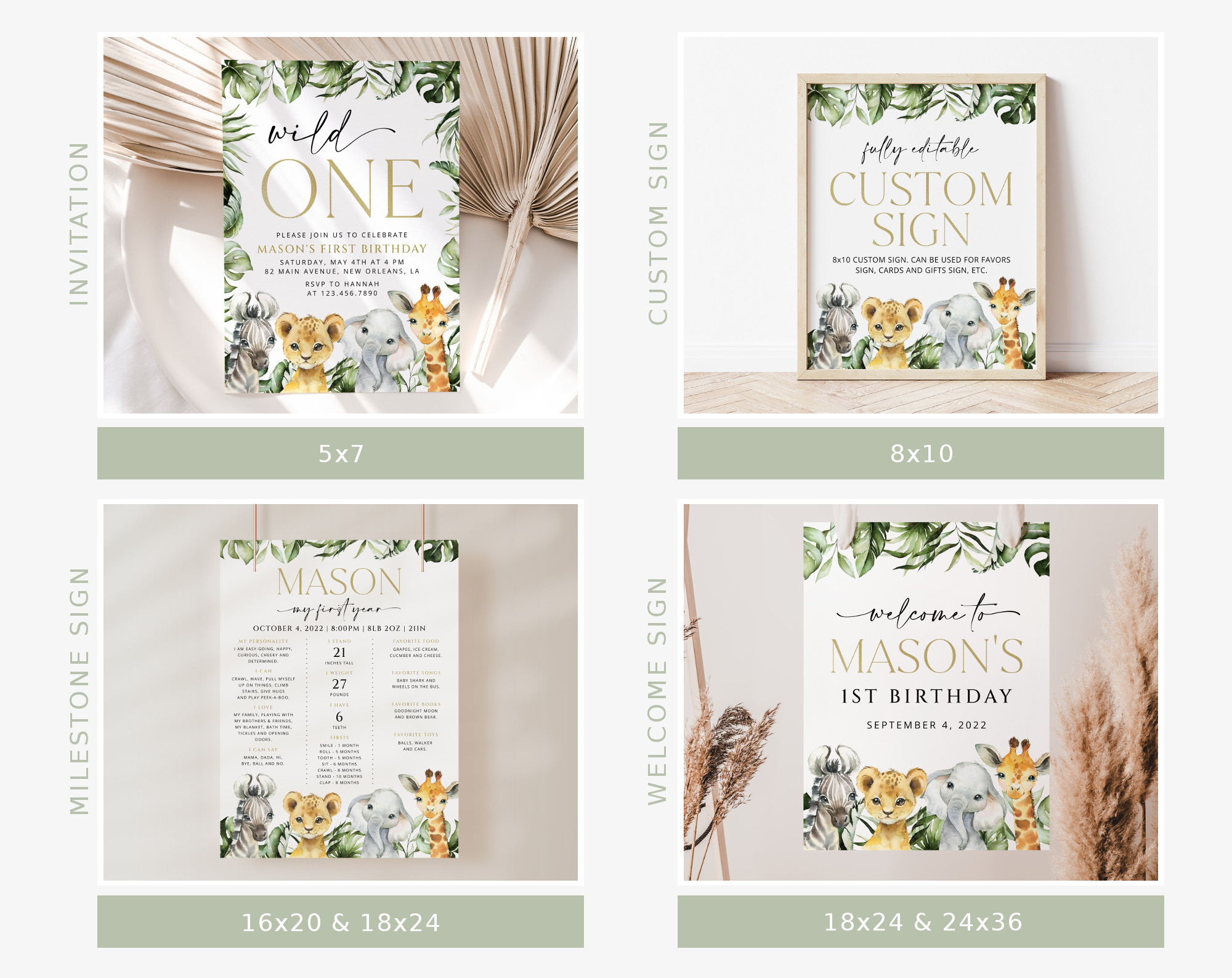 Jungle Animals First Birthday Bundle, Boy Birthday, Printable File, Edit Yourself, SH22