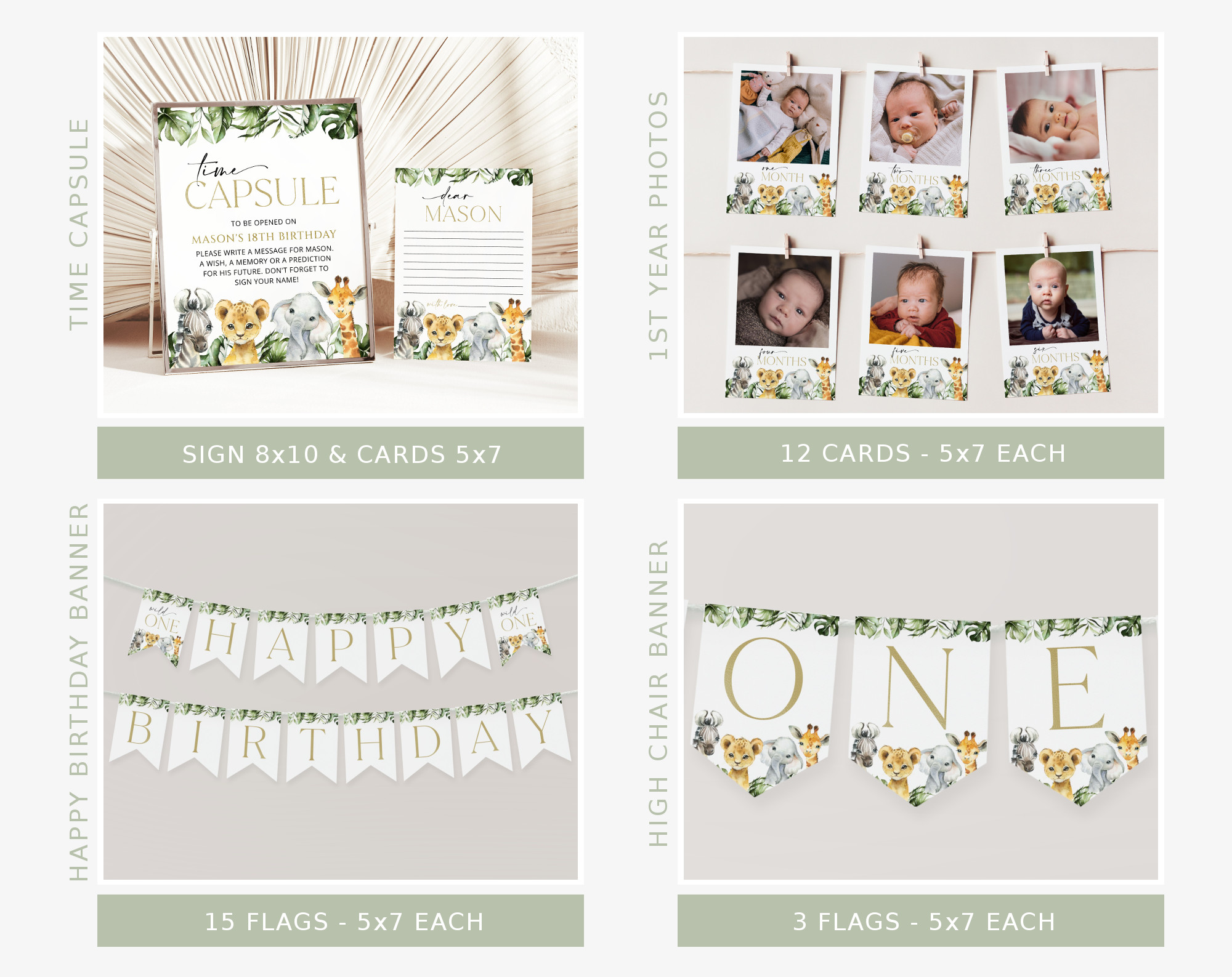 Jungle Animals First Birthday Bundle, Boy Birthday, Printable File, Edit Yourself, SH22