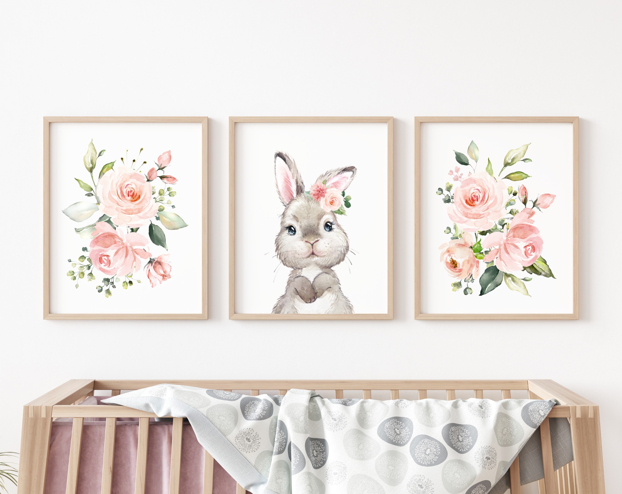Cute Bunny Pink Flowers Nursery Prints, Nursery Wall Art, Girl Nursery Decor, Printable File, SH05
