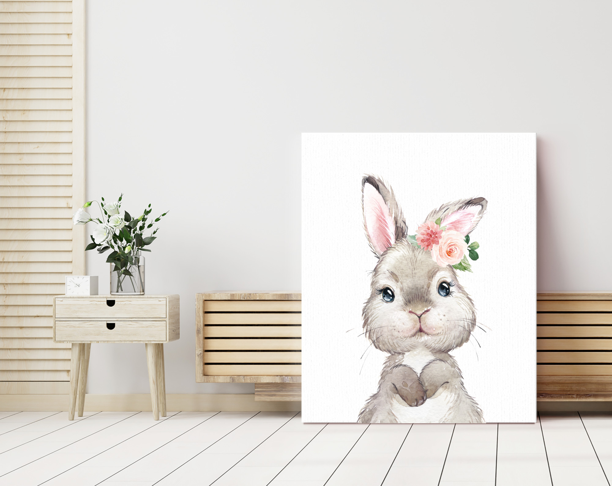 Cute Bunny Pink Flowers Nursery Prints, Nursery Wall Art, Girl Nursery Decor, Printable File, SH05