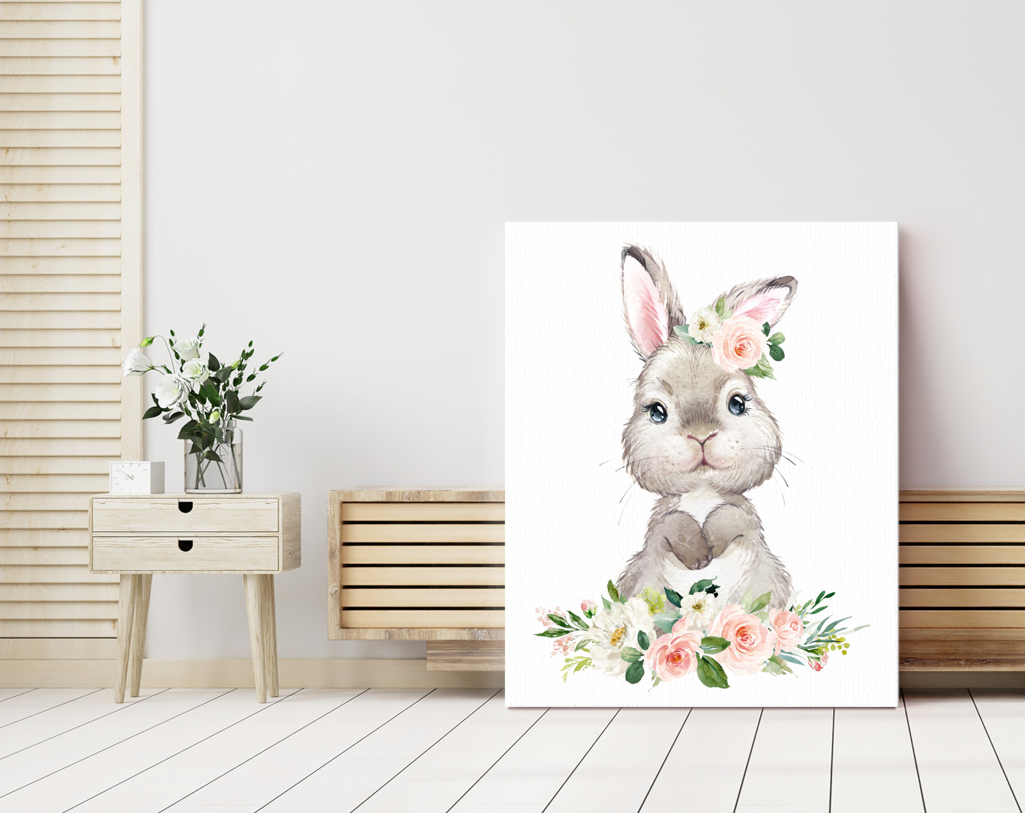 Little Bunny Pink Flowers Nursery Prints, Nursery Wall Art, Girl Nursery Decor, Printable File, SH05
