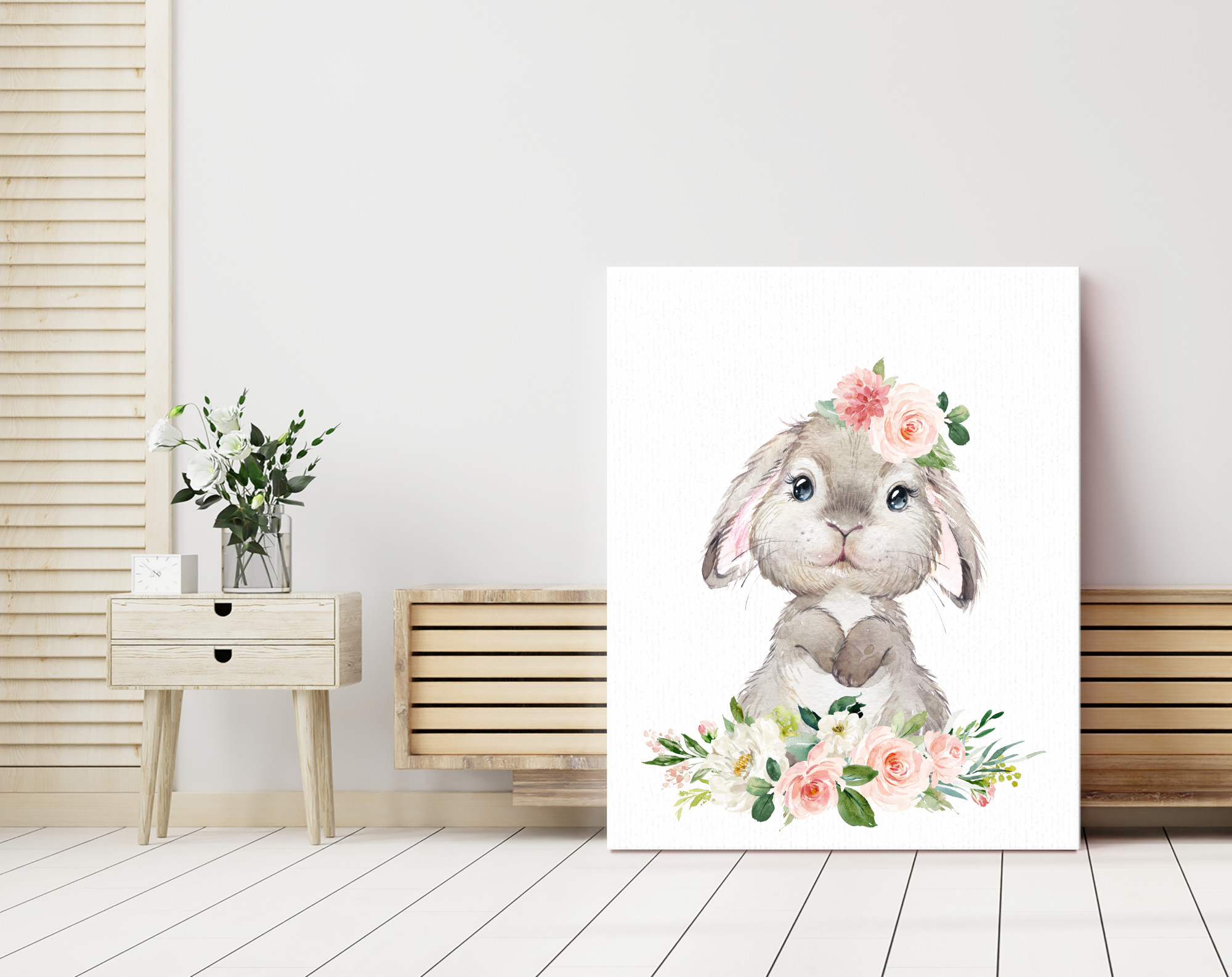 Little Bunny Pink Flowers Nursery Prints, Nursery Wall Art, Girl Nursery Decor, Printable File, SH05