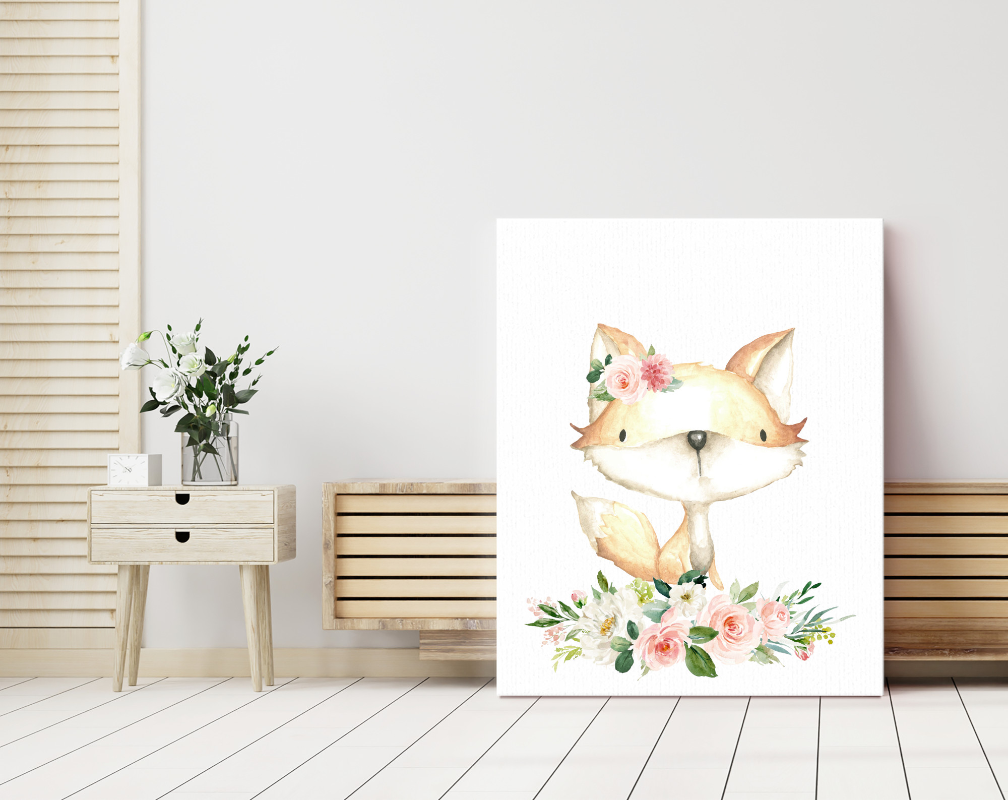 Pink Flowers Baby Woodland Animals Nursery Prints, Nursery Wall Art, Girl Nursery Decor, Printable File, SH09