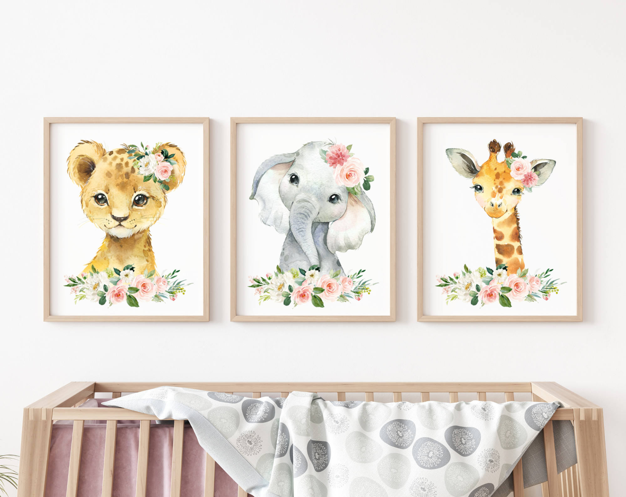 Pink Flowers Jungle Animals Nursery Prints - Set of 3 - Nursery Art