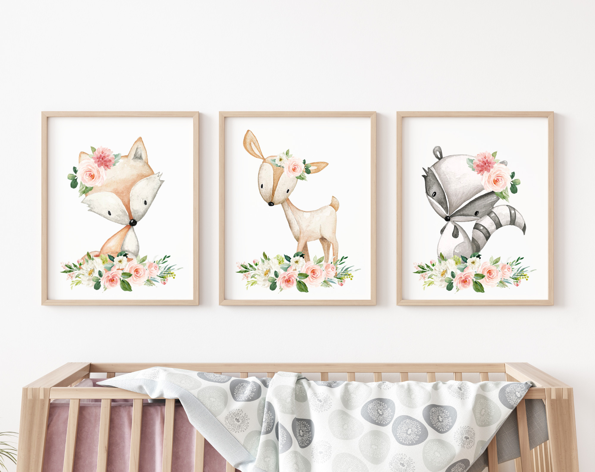 Pink Flowers Boho Woodland Animals Nursery Wall Art - Set of 3