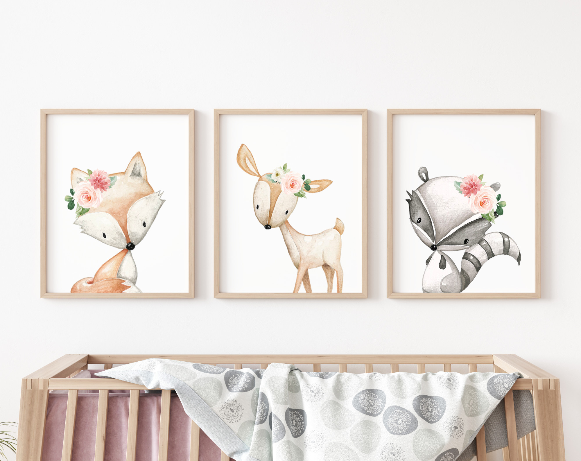 Pink Flowers Boho Woodland Animals Nursery Prints, Nursery Wall Art, Girl Nursery Decor, Printable File, SH12