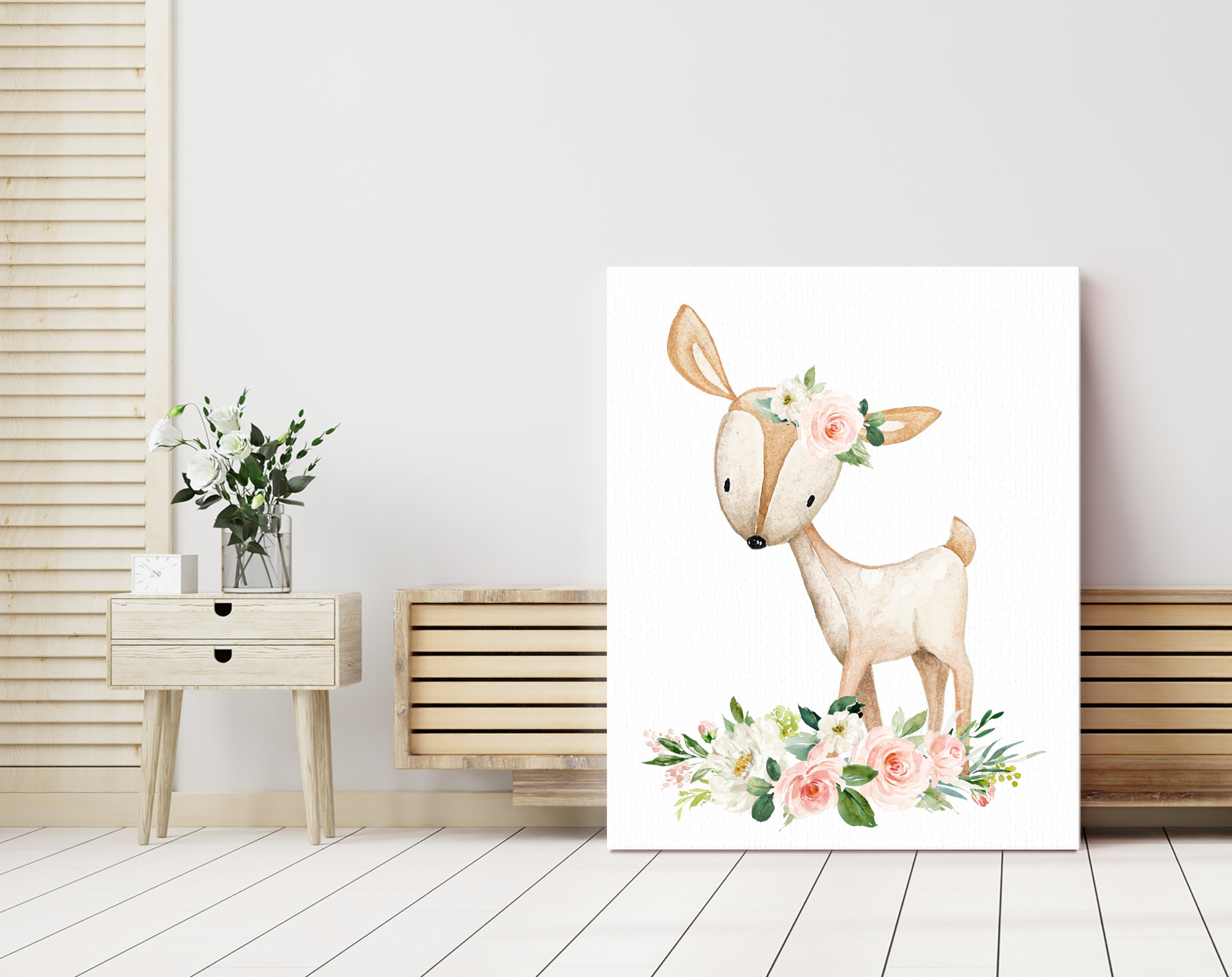 Pink Flowers Boho Woodland Animals Nursery Wall Art, Nursery Prints, Girl Nursery Decor, Printable File, SH12