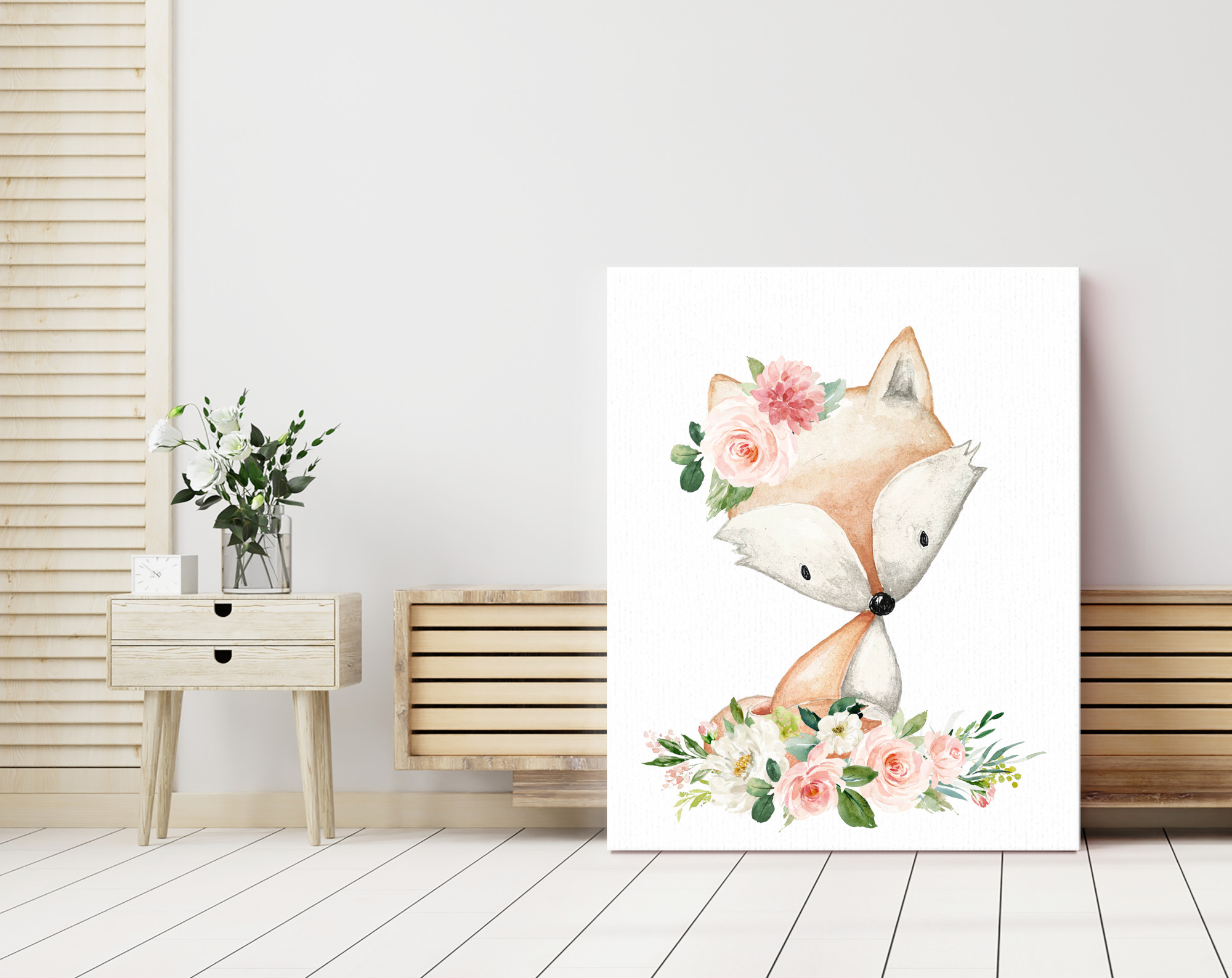 Pink Flowers Boho Woodland Animals Nursery Wall Art, Nursery Prints, Girl Nursery Decor, Printable File, SH12