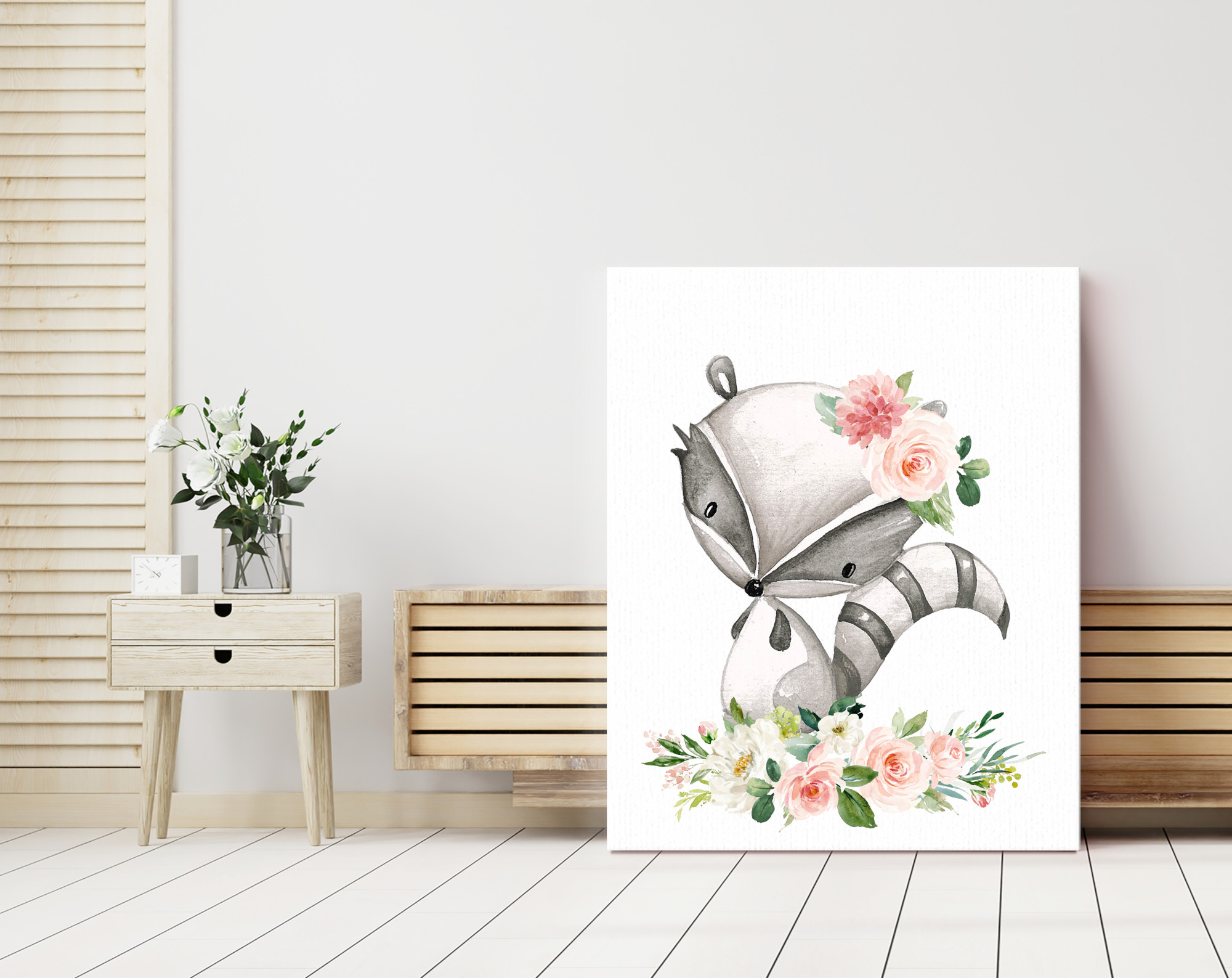 Pink Flowers Boho Woodland Animals Nursery Wall Art, Nursery Prints, Girl Nursery Decor, Printable File, SH12
