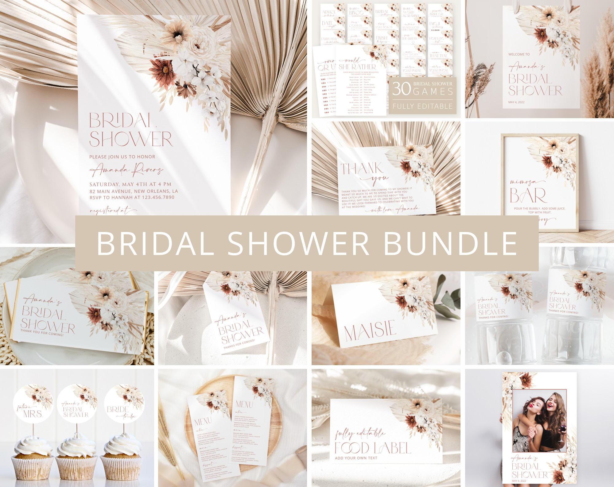 Pampas Grass Terracotta Bridal Shower Bundle, Printable File, Edit Yourself, SH13 Pampas Grass Terracotta Bridal Shower Bundle, Printable File, Edit Yourself, SH13