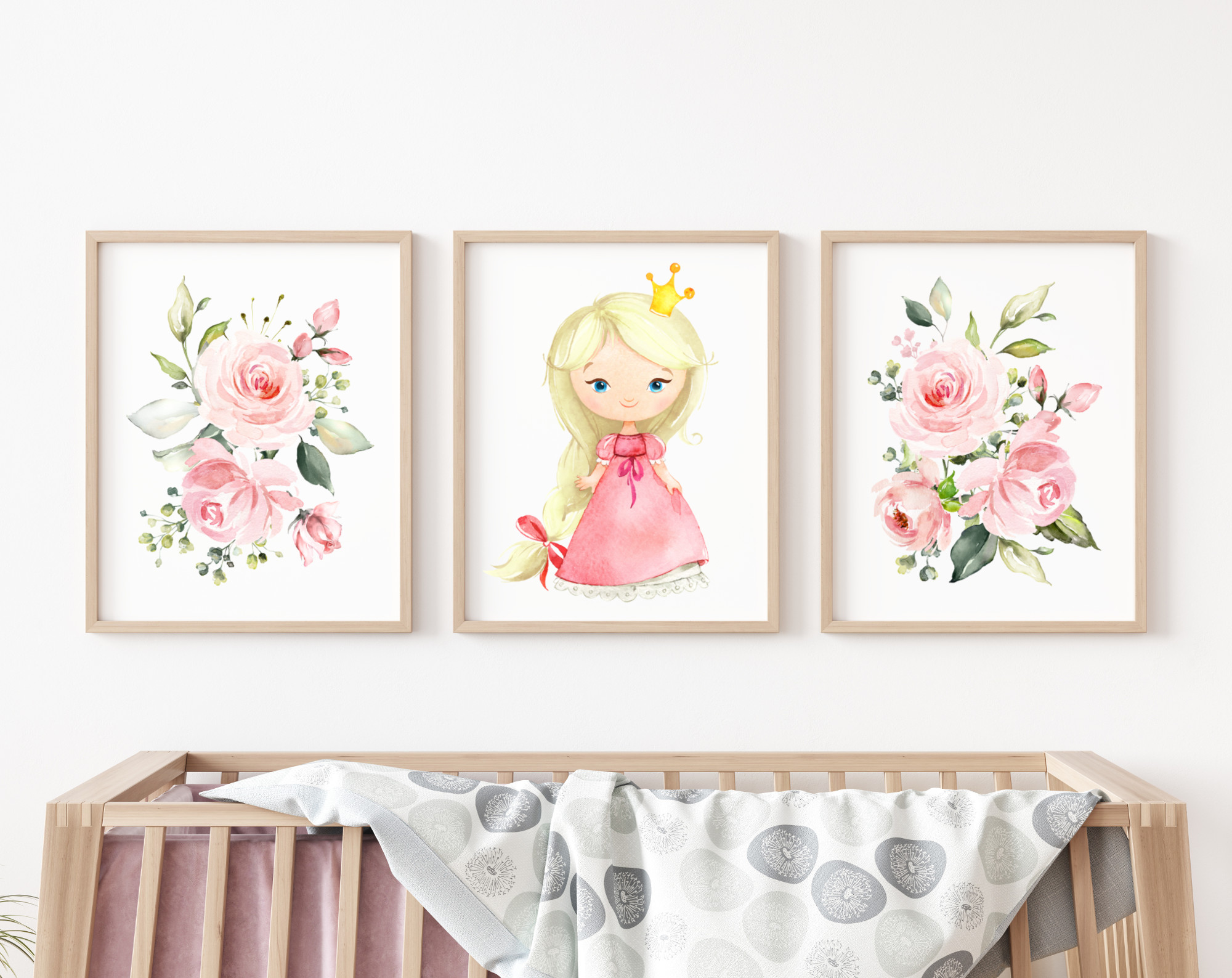 Pink Flowers Baby Woodland Animals Nursery Prints - Set of 3