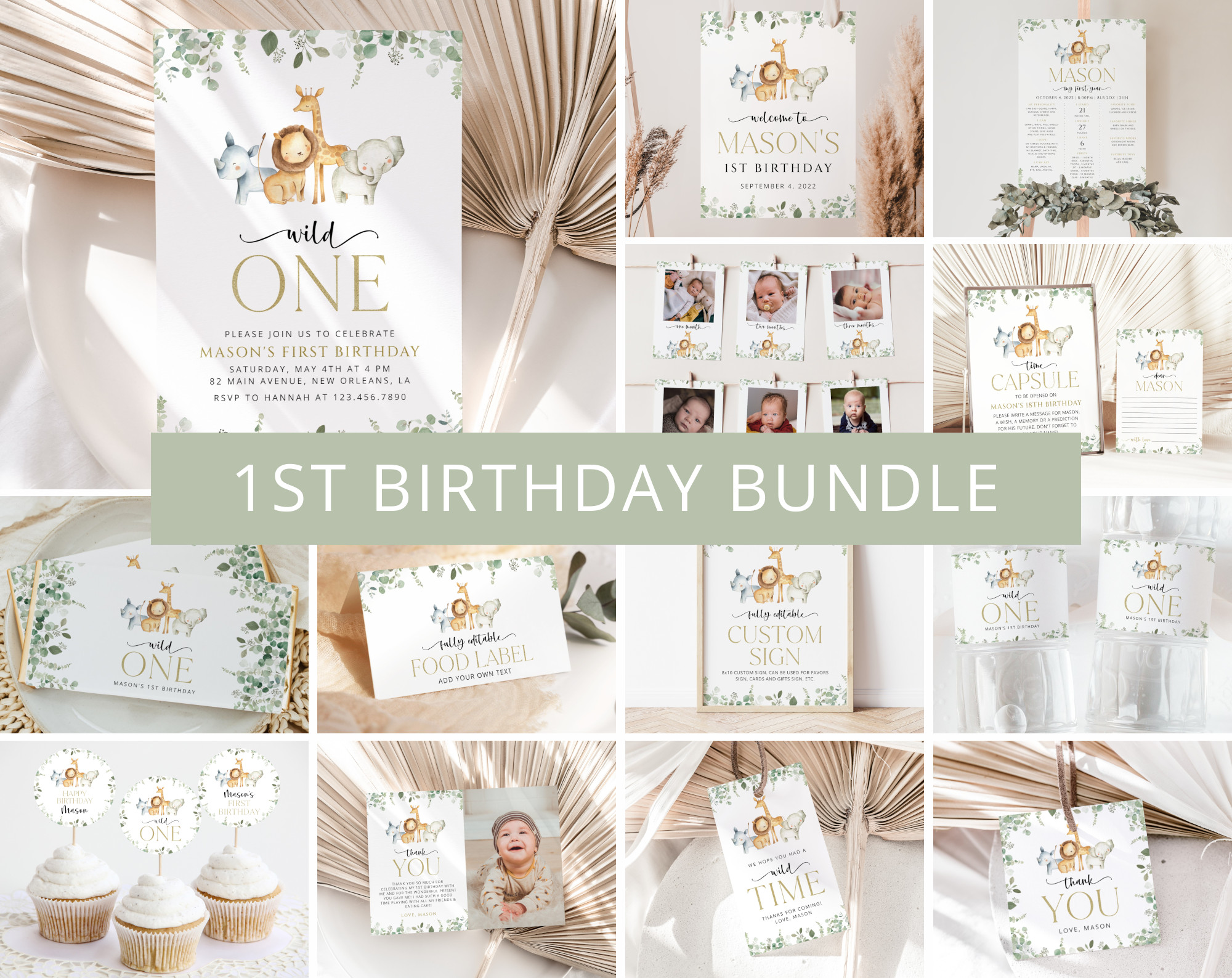 Safari Animals First Birthday Bundle, Boy Birthday, Printable File, Edit Yourself, SH23 Safari Animals First Birthday Bundle, Boy Birthday, Printable File, Edit Yourself, SH23