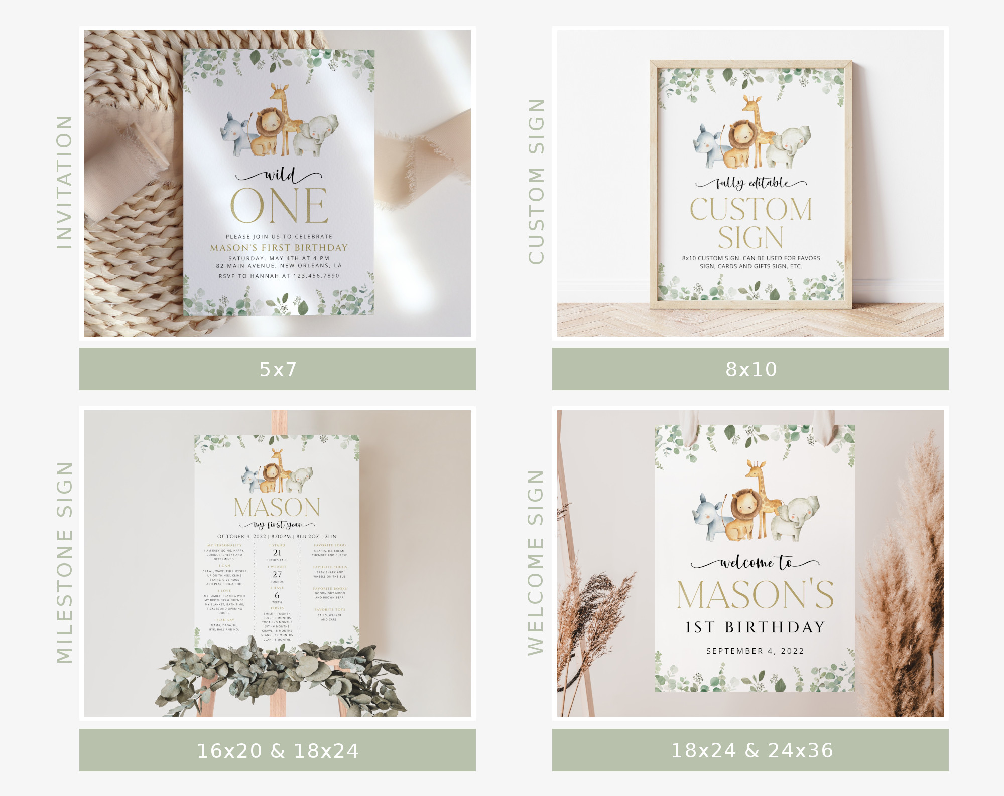 Safari Animals First Birthday Bundle, Boy Birthday, Printable File, Edit Yourself, SH23 Safari Animals First Birthday Bundle, Boy Birthday, Printable File, Edit Yourself, SH23