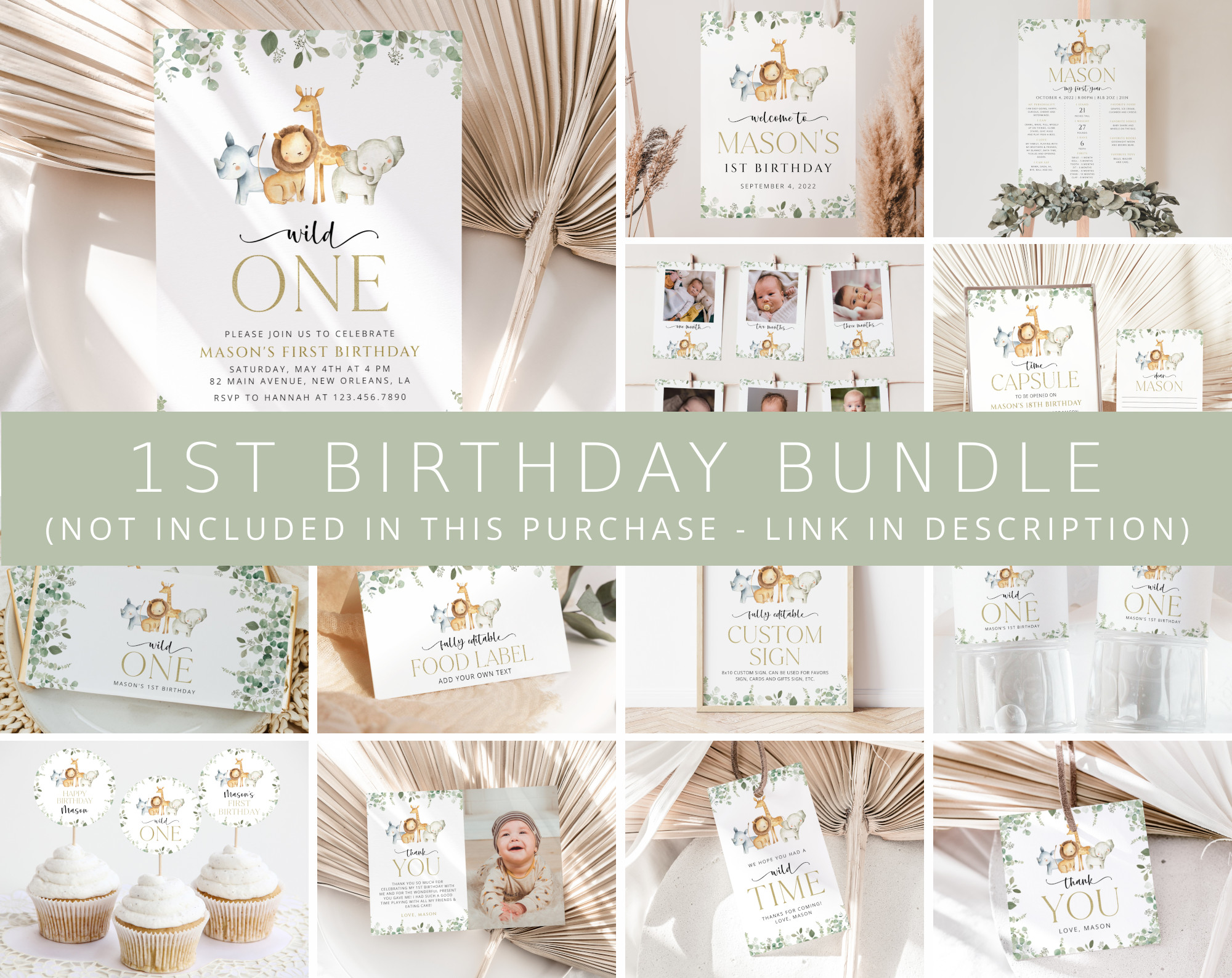Safari Animals First Birthday Bundle, Boy Birthday, Printable File, Edit Yourself, SH23 Safari Animals First Birthday Bundle, Boy Birthday, Printable File, Edit Yourself, SH23