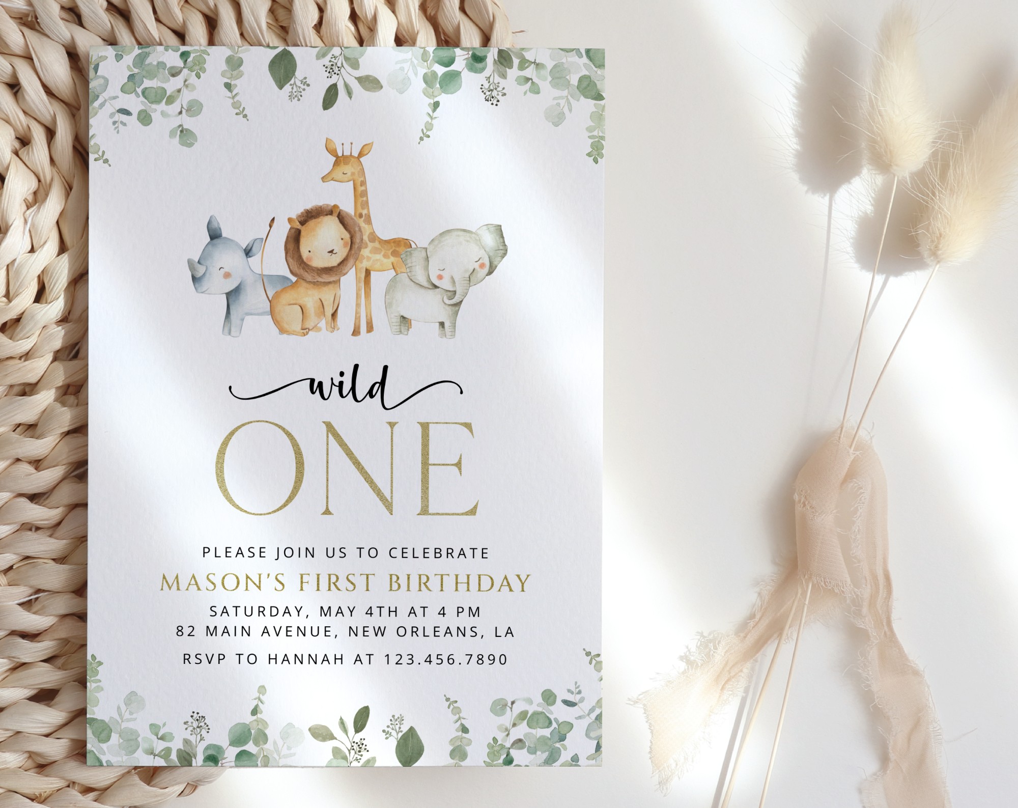 SH23 Invitation 3 Safari Animals First Birthday Invitation, Birthday Stationery, Boy Birthday, Printable File, Edit Yourself, SH23