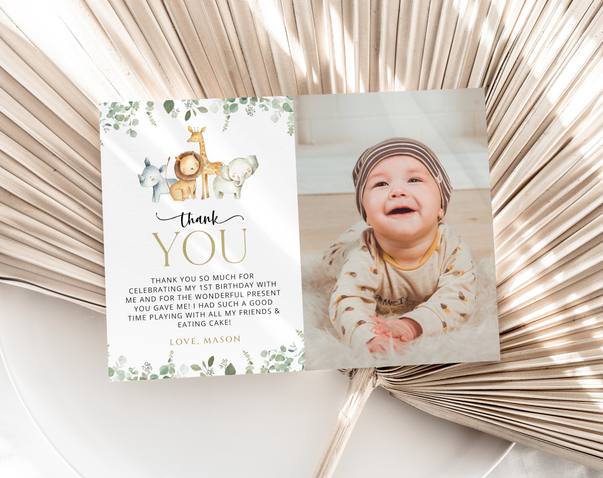 Safari Animals Thank You Card, First Birthday, Boy Birthday, Printable File, Edit Yourself, SH23