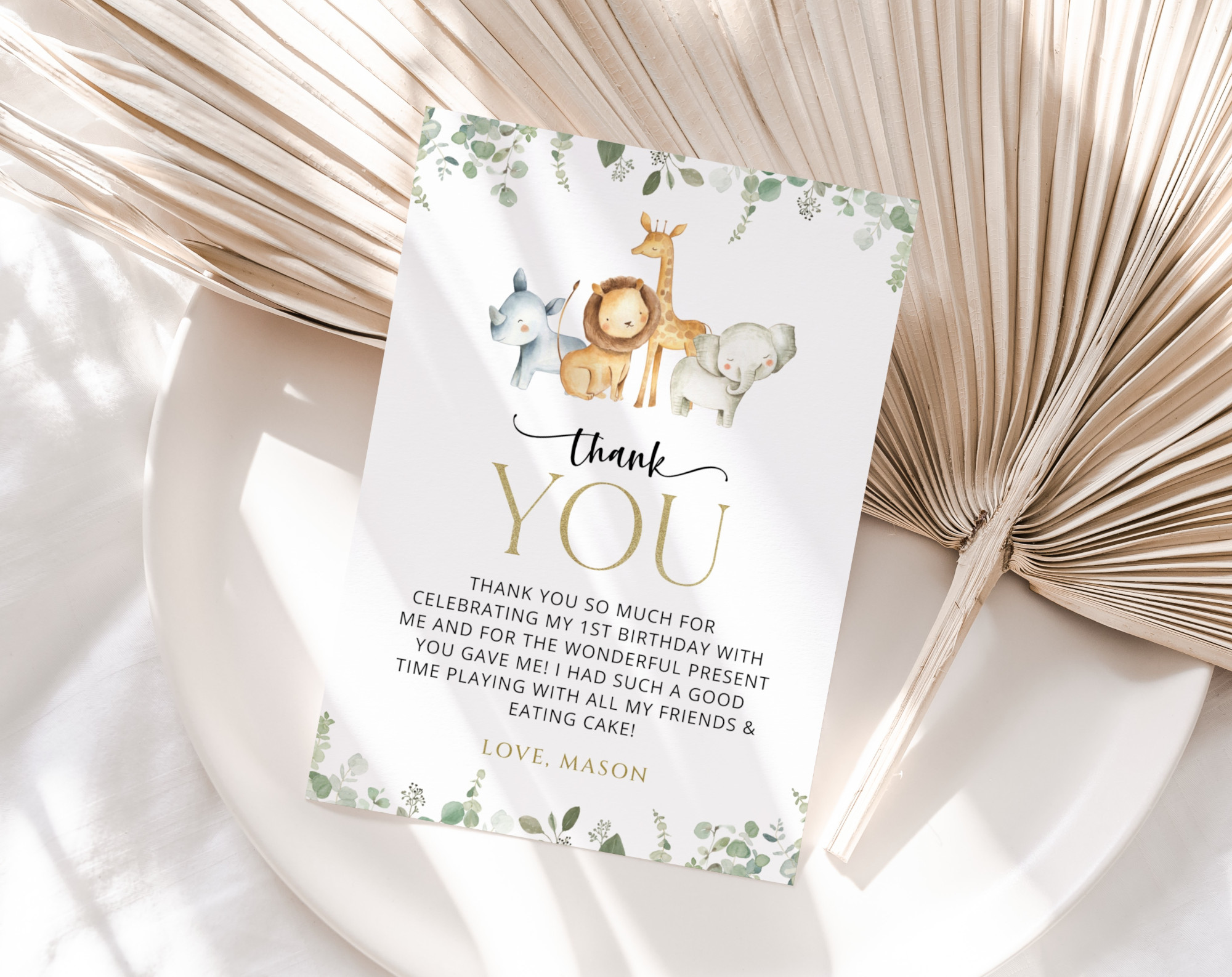 Safari Animals Thank You Card, First Birthday, Boy Birthday, Printable File, Edit Yourself, SH23